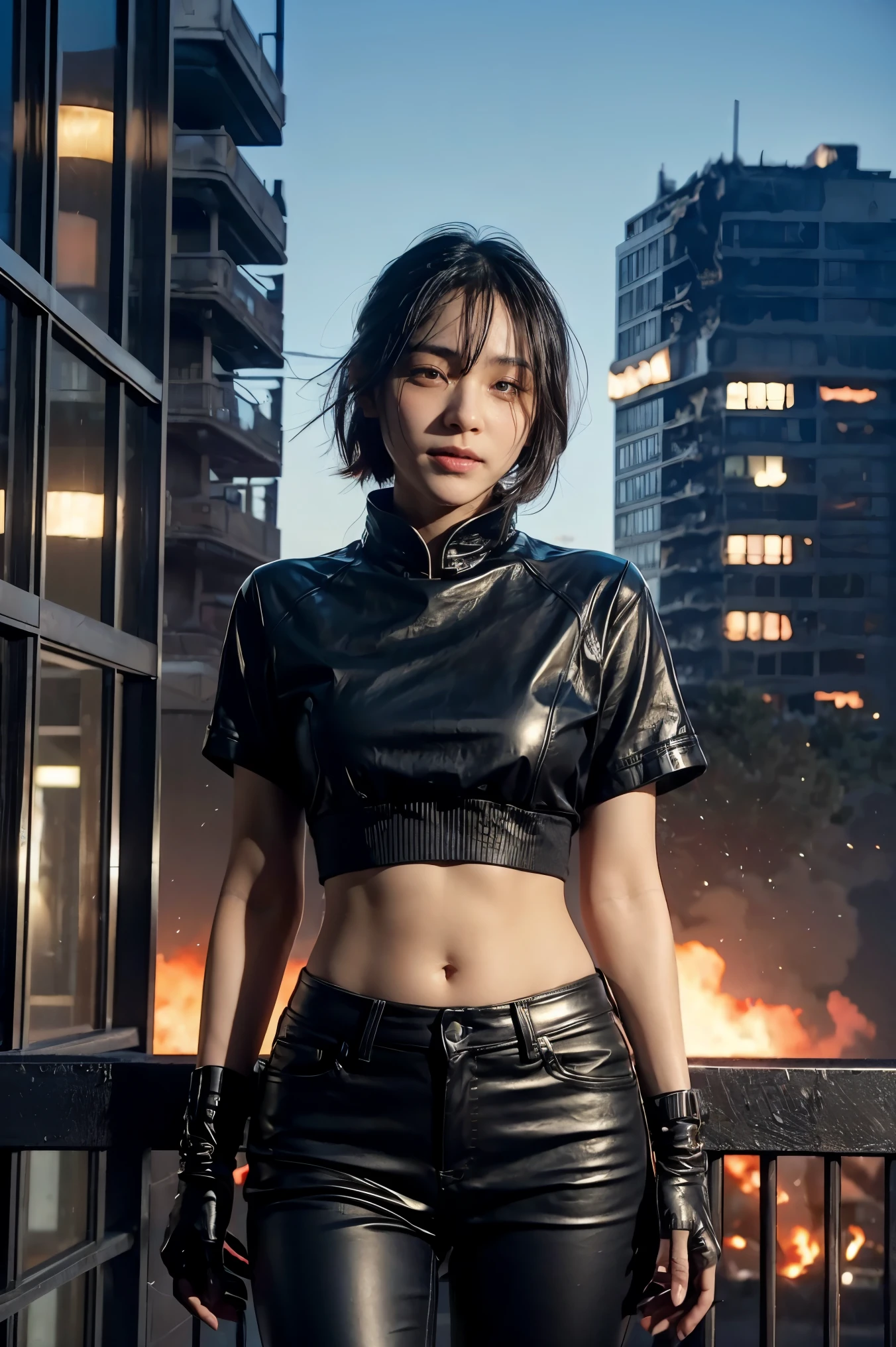 Cinema Lighting,Highly detailed skin、Beautiful quality with attention to detail,cyber punk,(replace、Dim color, Calm tone、Perfect ???????:1.3),(1 Beautiful Woman、Beautiful facial features down to the last detail、solo:1.3)(Black short hair)Smile a little、(1 Hold a samurai blade in your hand)break. Red leather jeans、Tight black leather pants、 break.night(night、Futuristic city building rooftop、A fire broke out in a nearby building.)、Japanese