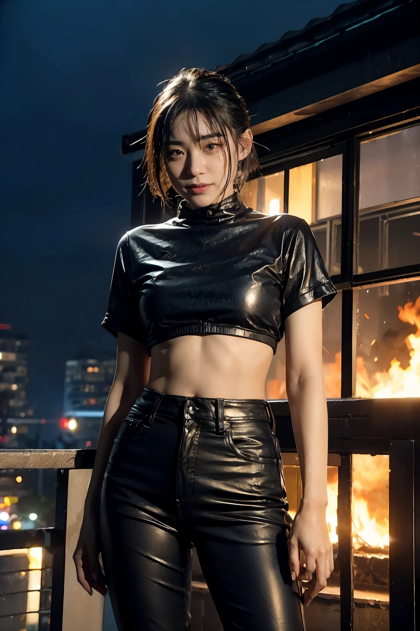 rebellion、terrorist group、Blue-green hair、ignite a flamethrower into the sky、Beautiful junior high school girl、Cute laughing face, 14 years old、((lace up bootsの上からハイソックスが少し出ている))、rooftop at night、((Shirtless and wearing a blue leather jacket)), dictator、on the roof、A factory exploding in the background, leather gloves、(((lace up boots)))、(((latex shorts))), rebellion、terrorist group, 