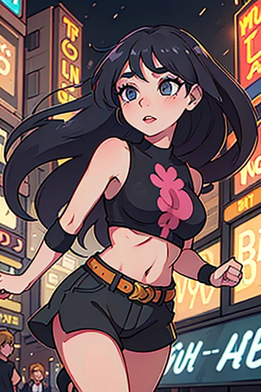 A girl rushing through a crowded city street, beautiful detailed eyes, beautiful detailed lips, extremely detailed eyes and face, long eyelashes, vibrant colors, lively atmosphere, bustling crowd, bustling cityscape, blurred lights, high energy, fast-paced, urban hustle and bustle, neon signs, dynamic movement, urban chaos, fast cars, busy pedestrians, tall buildings, urban nightlife, vivid city lights, exciting urban vibe. (best quality, 4k, high-res, masterpiece:1.2), ultra-detailed, realistic (photorealistic:1.37), urban landscape, street photography, vibrant color scheme, dramatic lighting.
