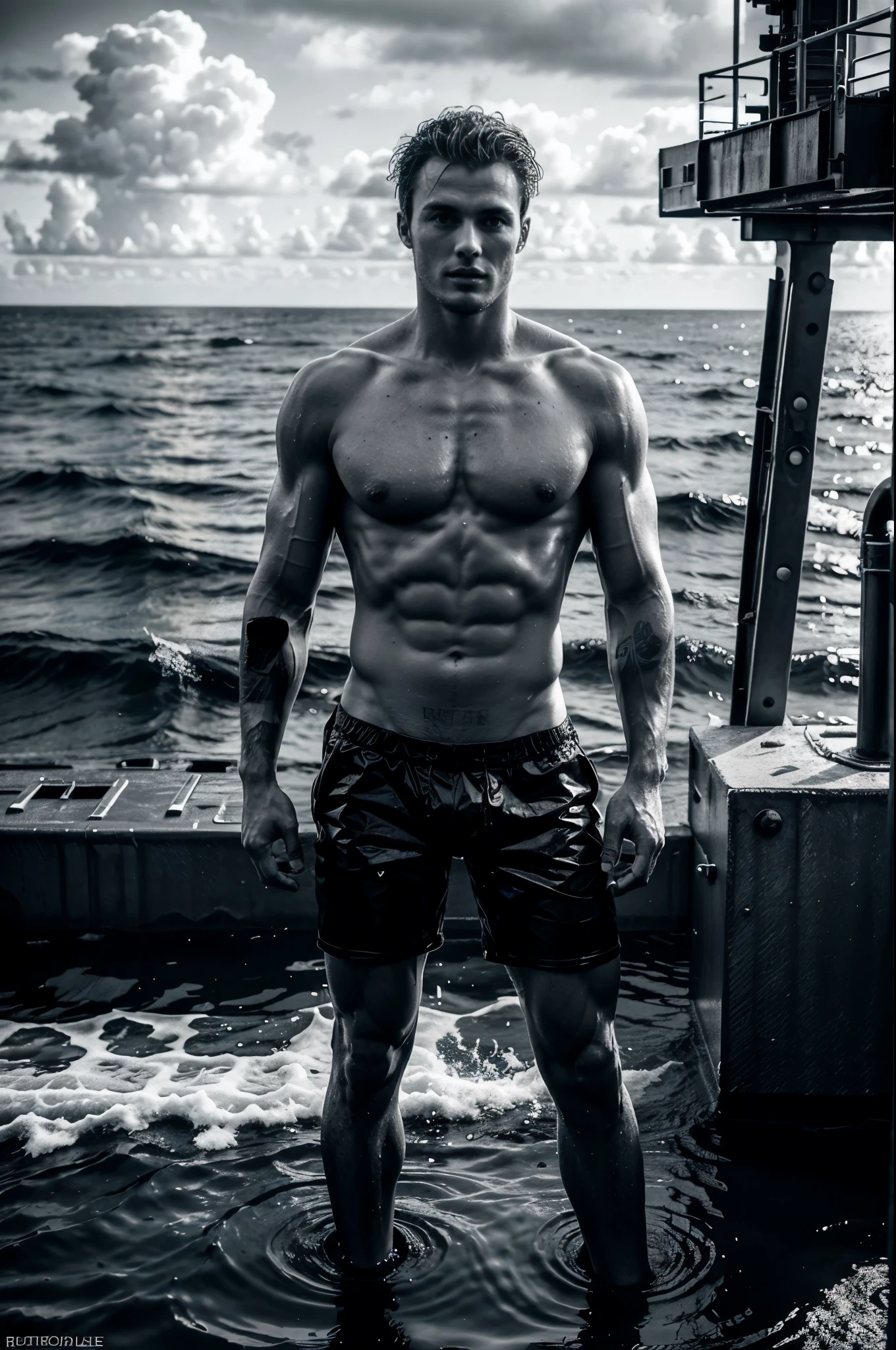 Male fashion photography photo, full body shot, (((handsome naked young manly sexy christian hogue))), working on an oil platform, black and white photo, dramatic poses and light and dark composition, the North Atlantic Ocean is famous for its rich oil reserves under the sea, illuminated by the distant sea surface. Attracted by the mysterious light, he developed a strong interest in the oil platform standing in the sea. Photographers and staff recorded their lives while repairing the ship and on the deck, photos taken during the journey, and historical images of the oil drilling platform collected by the photographer. It depicts the transformation and decline of the natural gas and oil industries in the past and present, highlighting the changes and time this ocean has experienced.