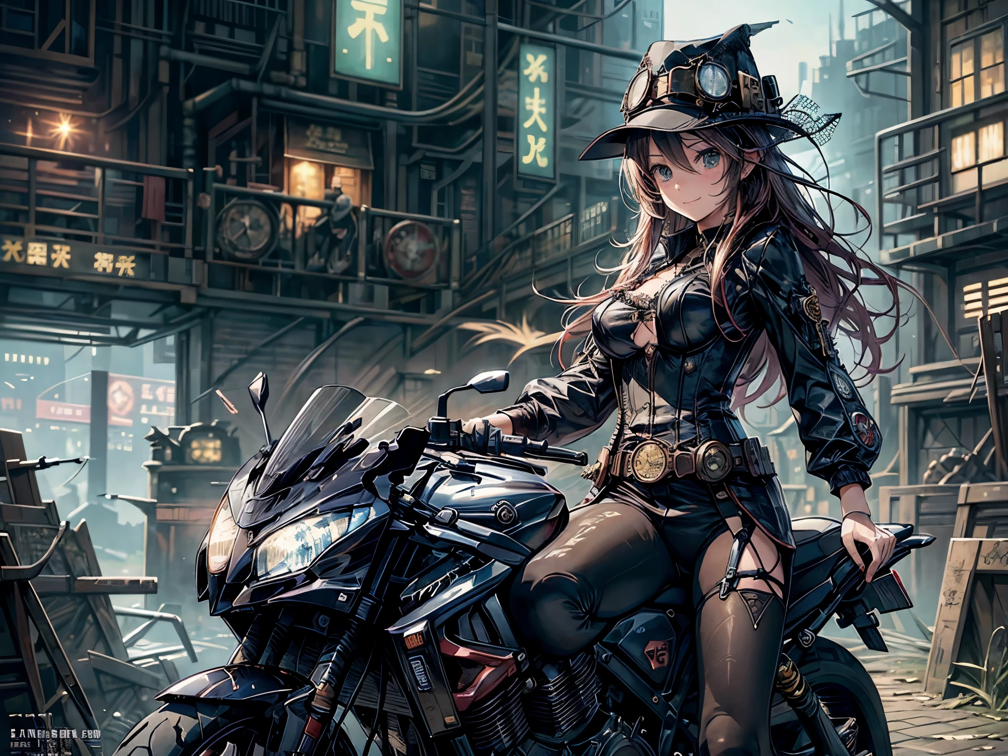 (Manga style),(Line art_anime),(Cowboy Shot, highest quality, ),(Photo by Laura Budd:1.2),(Laura Add details:1.0),8k, Flat Color:0.8,(1 girl,Smile 1.5)、View your viewers,(1. Riding a steampunk bike.8)、(Classic style bike 1.5)、(Highly decorative and complex mechanical steampunk fashion, Lace flare dolphin hat、Goggles 1.5、machinery background、Gear background、Intricately mechanized steampunk cityscape 1.5),