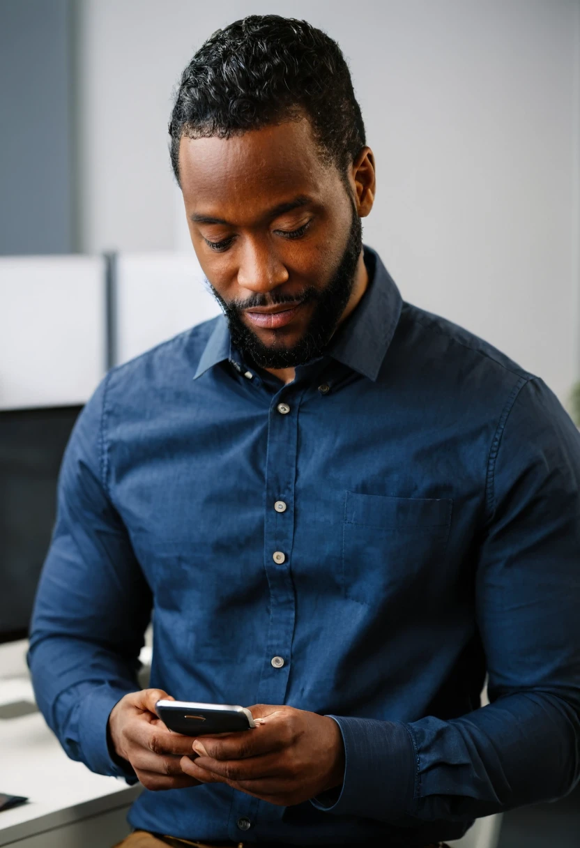 black man, 30 years old, using cell phone at work