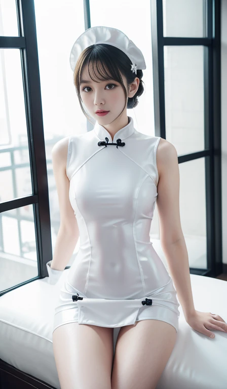 White sexy maid latex cheongsam。Hips，White Silk