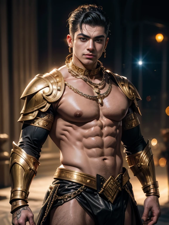 ((G guy mix face: (zayyan xodiac: 1.5) and (ed sheeran: 0.5))) as A handsome male warrior, muscled, fit, big pecs, big nipples, nipples rings, X chain leather harness, of sparkling silver and gold, metal, polished, glossy wonder woman armor looks like, lens flare, bokeh, Wide-Angle, f/1.2, 85mm, Fujifilm, rococo style, high detail, Conceptual art, Hyperrealism, blending, backlighting, Fujicolor, depth of field, UHD, masterpiece, ccurate, anatomically correct, textured skin, super detail, high details, high quality, award winning, best quality, highres, 1080P, HD, 16k