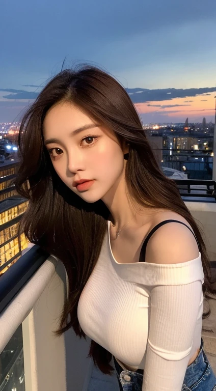 ((Midnight, Best quality, 8k, Masterpiece :1.3)), Whole body, Long legs, Sharp focus :1.2, A pretty woman with perfect figure :1.4, Slender abs :1.1, ((Dark brown hair, Big breasts :1.2)), (White tight tshirt, Jean bib, Standing:1.2), ((Night city view, Rooftop:1.3)), Highly detailed face and skin texture, Detailed eyes, Double eyelid, sunset, darken, backlit, off shoulder