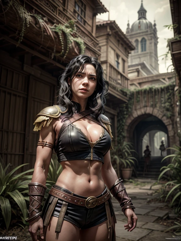 a portrait picture of fit and burly gorgeous wavy black hair Xena the Amazon Warrior Stands, detailed face, perfect face, ornated warrior costume, at the Gate of an ancient and weathered Metropolis City with overgrown plants in the streets, Insanely detailed Scene, realistic, masterpiece Don Lawrence Style, ultra sharp and focus, ultra high resolution, 8k, hyoer maximalist Octane render