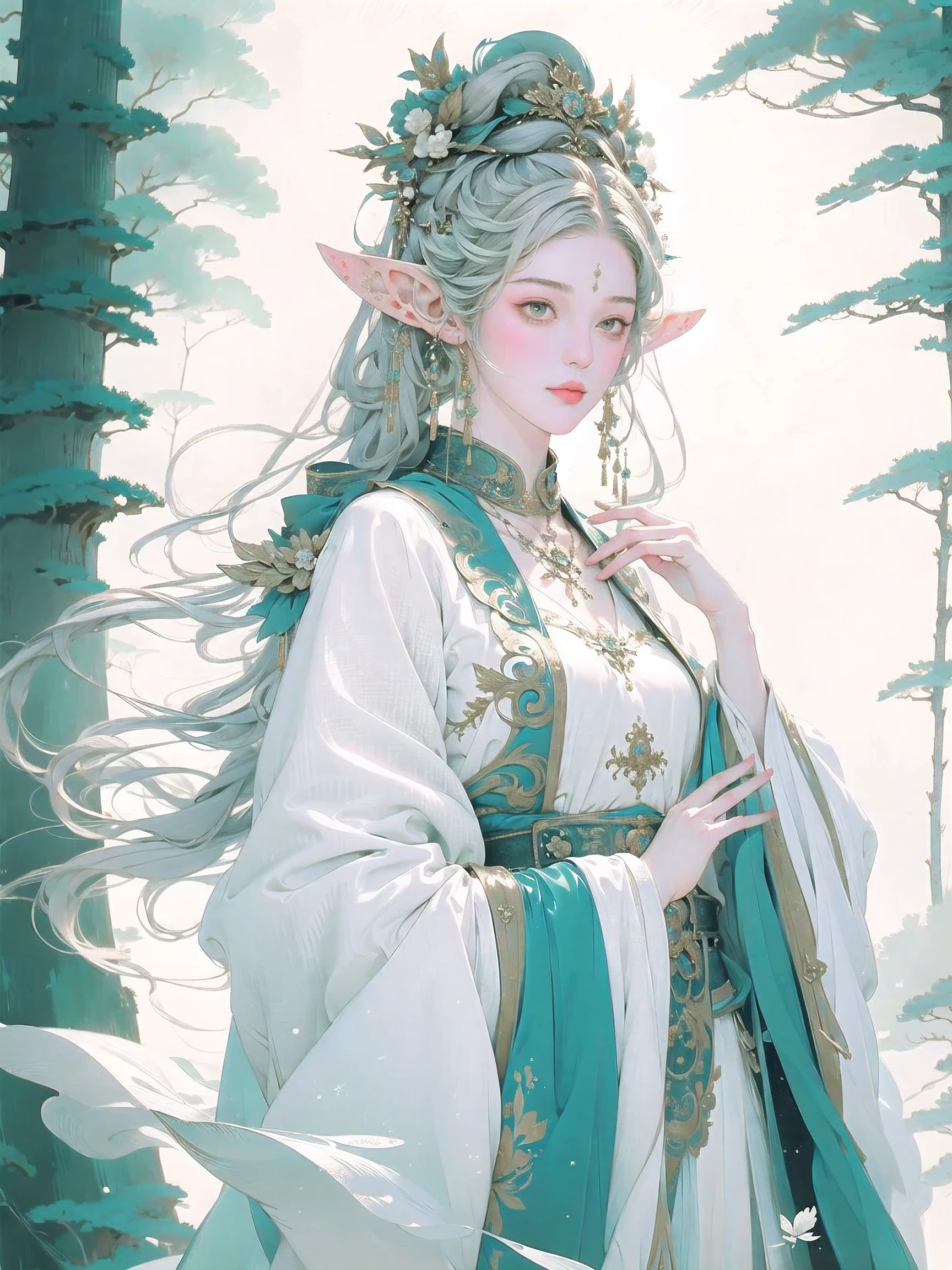 best quality,ultra-detailed,realistic,portrait,white gown,elf mage,staff,white twin tails,enchanted forest scenery,mystical lighting,fantasy,ethereal,colorful,soft pastel tones