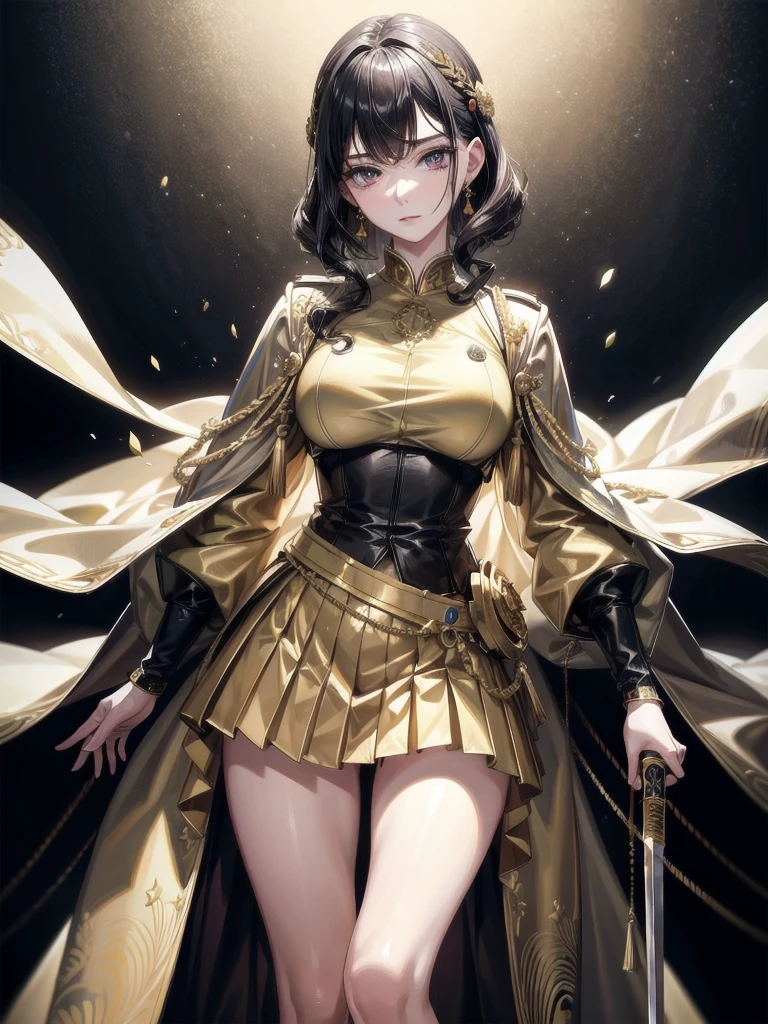 Military Dress, golden accessories, Grand Katana Sword, absurdres, RAW photo, extremely delicate and beautiful, masterpiece, Best Quality, ultra high resolution, 32k, hyperrealistic, ultra-detailed, detailed description, pale skin, 20 years old, tearful mole, earring, Colossal tits, short medium hair, wavy hair, whole body shot,