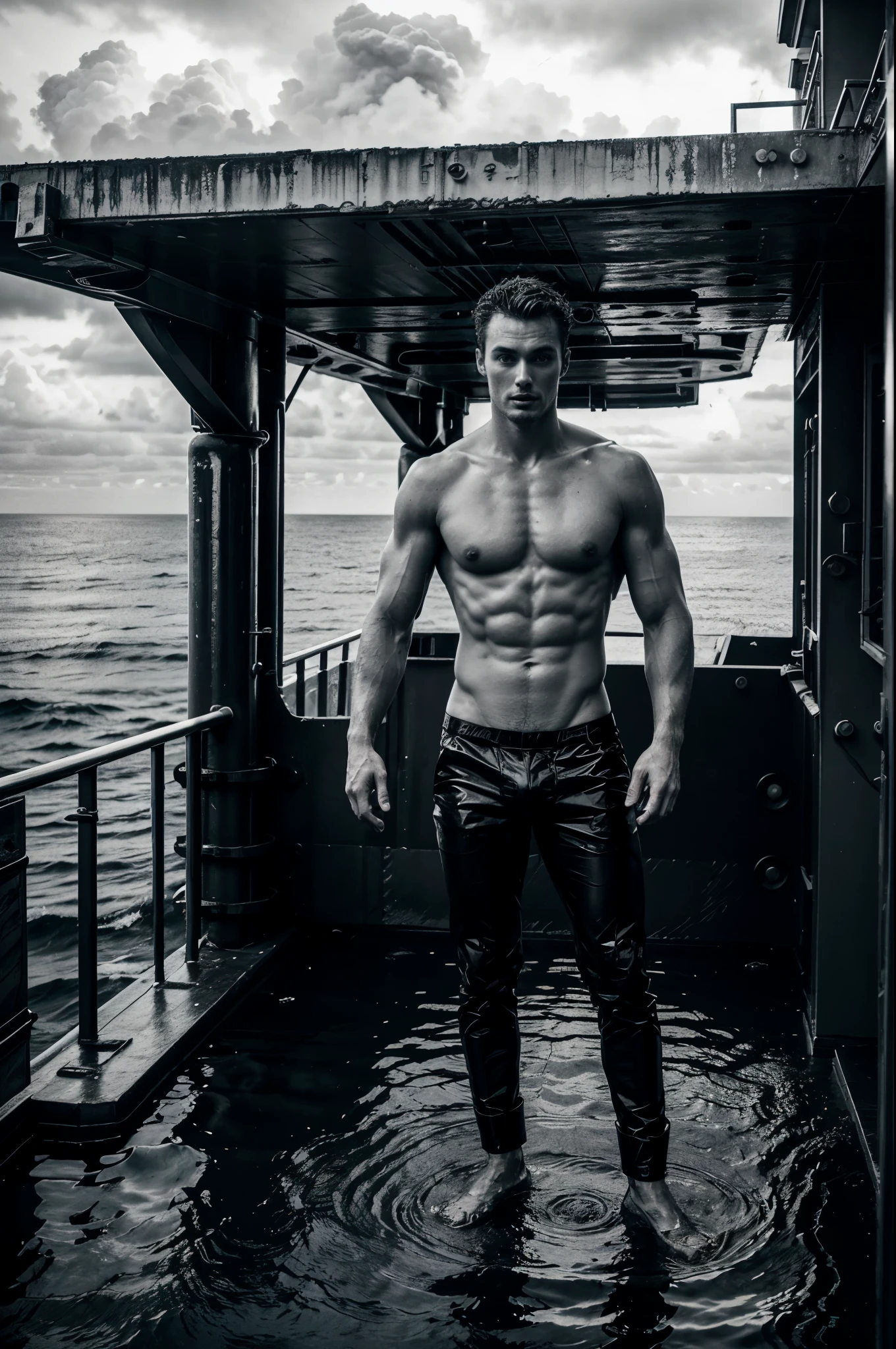 Male fashion photography photo, full body shot, (((handsome naked young manly sexy christian hogue))), working on an oil platform, black and white photo, dramatic poses and light and dark composition, the North Atlantic Ocean is famous for its rich oil reserves under the sea, illuminated by the distant sea surface. Attracted by the mysterious light, he developed a strong interest in the oil platform standing in the sea. Photographers and staff recorded their lives while repairing the ship and on the deck, photos taken during the journey, and historical images of the oil drilling platform collected by the photographer. It depicts the transformation and decline of the natural gas and oil industries in the past and present, highlighting the changes and time this ocean has experienced.