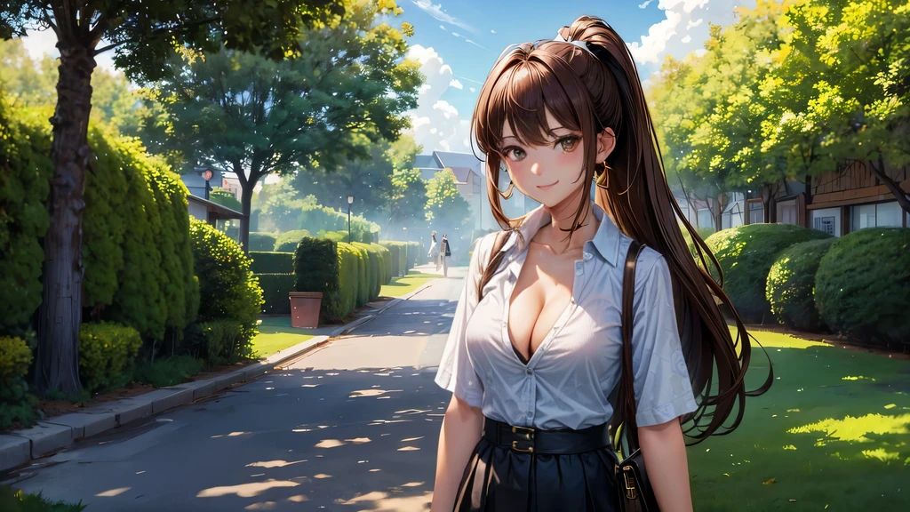 1girl, full body, solo, summer, village, trees, sun, clouds, ((brown hair)), ponytail, large breasts, ((black blazer)), button down shirt, ((blue floral pattern shirt)), ((short sleeved shirt)), ((unbuttoned shirt)), unbuttoning buttons, cleavage 1:3, brown eyes, skirt, smile, looking at the viewer, standing, hair ribbon, golden necklate, shoulder bag