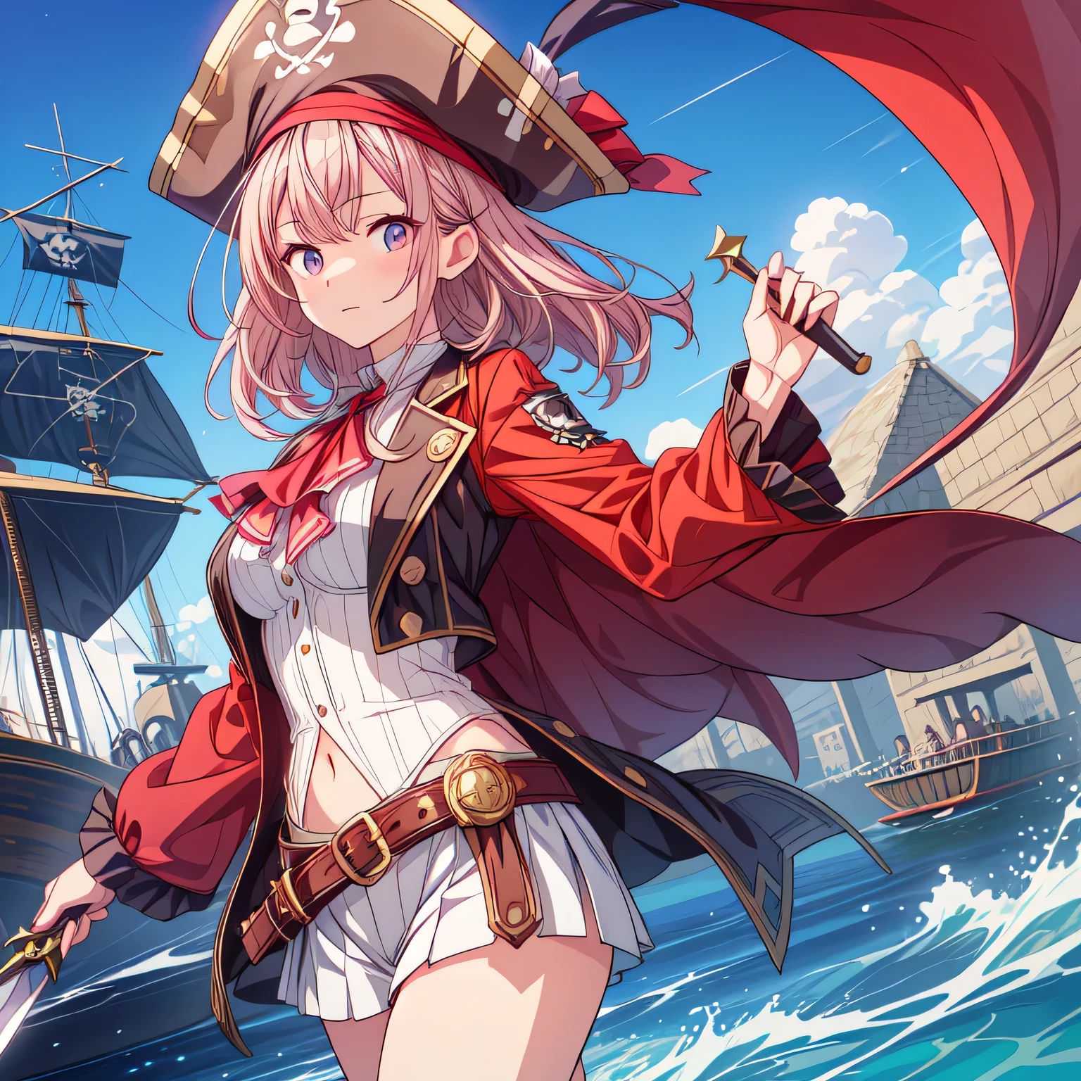 Game CG,break,avert your eyes,break,masterpiece
,highest quality,Very detailed,8k
,High resolution,break,cute,
beautiful girl,17 years old,(flowing bangs:1.2},(semi-long:1.4}}, Anime characters,Fantasy、pirate hat、Dressed as a pirate、Cowboy Shot、Ride a pirate ship、Holding a dagger