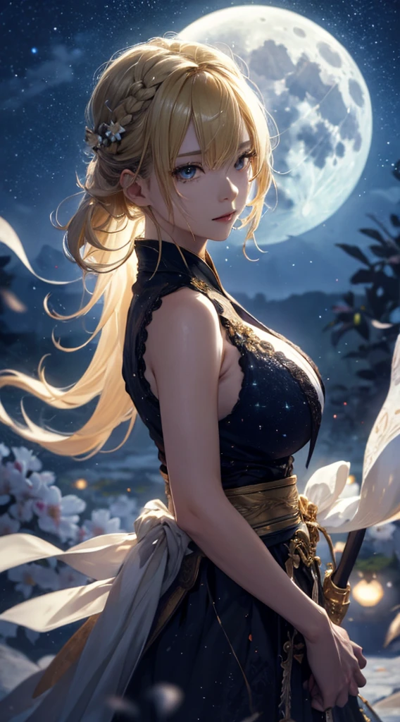 masterpiece, high quality, 4K, Beautiful design, silhouette,blonde,Side Tail, 非常に詳細な夜のStarry Sky,Flower Field, wonderful, Finer details, Very knowledgeable woman, Highly detailed solo, 1 female,Beautiful Eyes,tears,Big Breasts,White sleeveless,rain,Night view,Starry Sky,full moon,