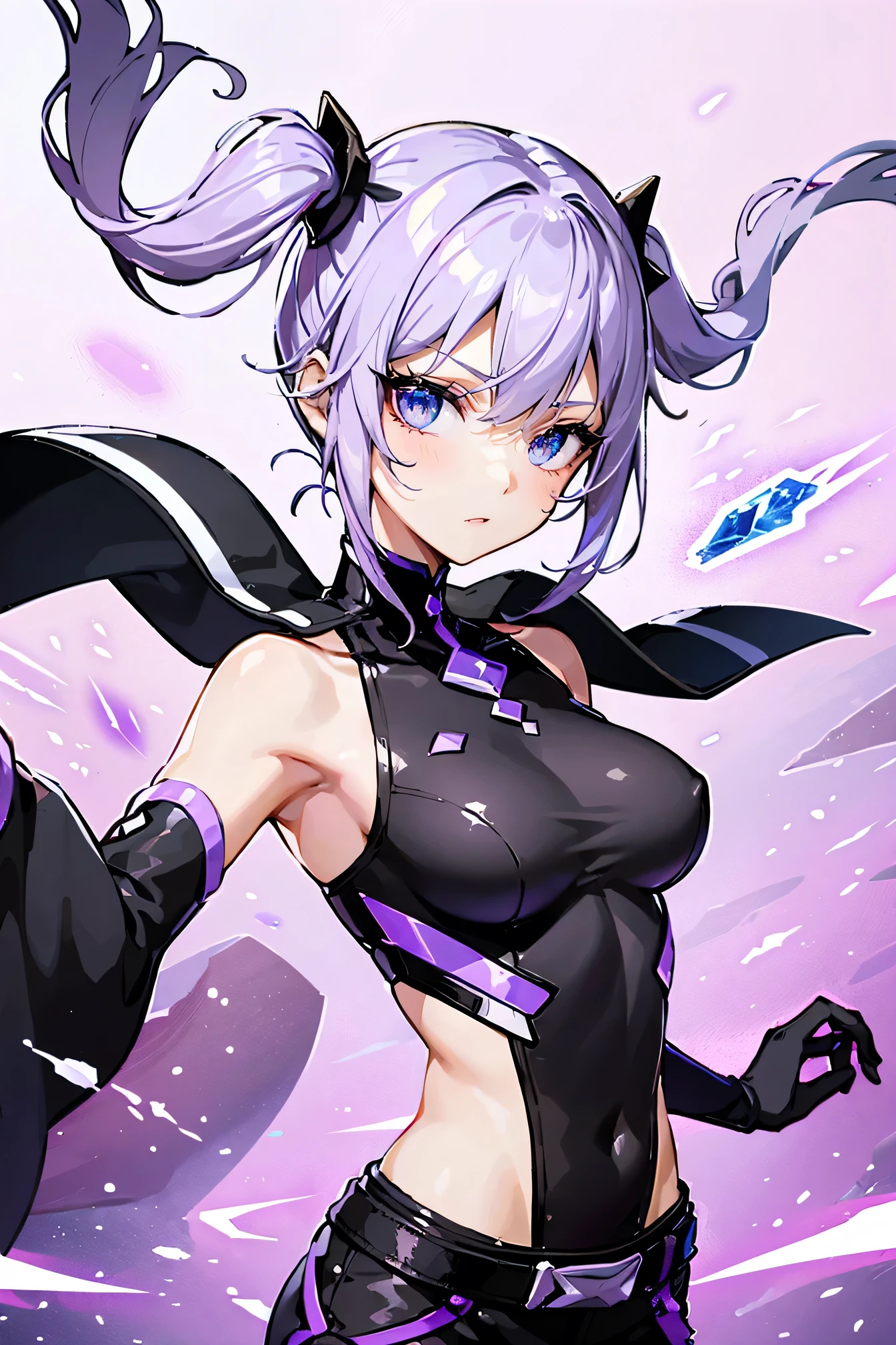 ((Girl and couple:1.3)),highest quality, Ultra-high resolution, cute, (K-Pop Idols), (Long twin tails), (Light purple hair:1), ((Big eyes)), I'm watching you,
break ((Upper Body:1.3)), Front view,Long characters, Flowing silver hair and a slim build, Wearing black and white clothing, including thigh-high boots and gloves. Characters、She is in a dynamic pose surrounded by mystical purple crystals and energy.。,
Characters、She is in a dynamic pose surrounded by mystical purple crystals and energy.。,Long characters, Flowing purple hair, Metallic top and black shorts、Wearing Thigh Boots. Costume includes straps and belt, Gives a futuristic or fantasy style. Characters in dynamic poses、There is a radiant light and energy all around., Backdrop of minimalist abstract background,