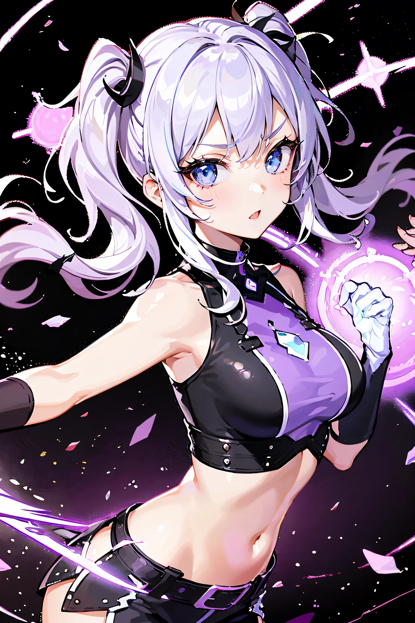 ((Girl and couple:1.3)),highest quality, Ultra-high resolution, cute, (K-Pop Idols), (Long twin tails), (Light purple hair:1), ((Big eyes)), I'm watching you,
break ((Upper Body:1.3)), Front view,Long characters, Flowing silver hair and a slim build, Wearing black and white clothing, including thigh-high boots and gloves. Characters、She is in a dynamic pose surrounded by mystical purple crystals and energy.。,
Characters、She is in a dynamic pose surrounded by mystical purple crystals and energy.。,Long characters, Flowing purple hair, Metallic top and black shorts、Wearing Thigh Boots. Costume includes straps and belt, Gives a futuristic or fantasy style. Characters in dynamic poses、There is a radiant light and energy all around., Backdrop of minimalist abstract background,