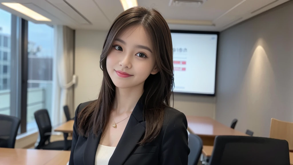 Tabletop、highest quality、Genuine、Very detailed、finely、High resolution、8k wallpaper、One beautiful woman、、Light brown messy hair、Wear a business suit、Sharp focus、Perfect dynamic composition、Beautiful fine details、Thinning hair、詳細なGenuineな肌の質感、Cute Smile、Model Body Type、It is explained here、conference room、looking at the camera、Are standing、1 person、Head tilted slightly
