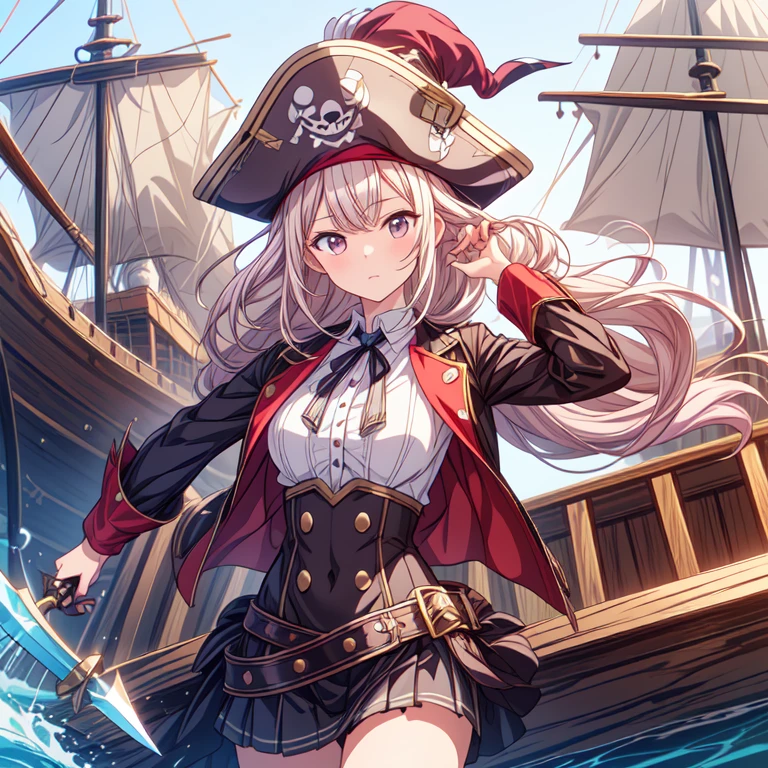Game CG,break,avert your eyes,break,masterpiece
,highest quality,Very detailed,8k
,High resolution,break,cute,
beautiful girl,,(flowing bangs:1.2},(semi-long:1.4}}, Anime characters,Fantasy、pirate hat、Dressed as a pirate、Cowboy Shot、Ride a pirate ship、Holding a dagger