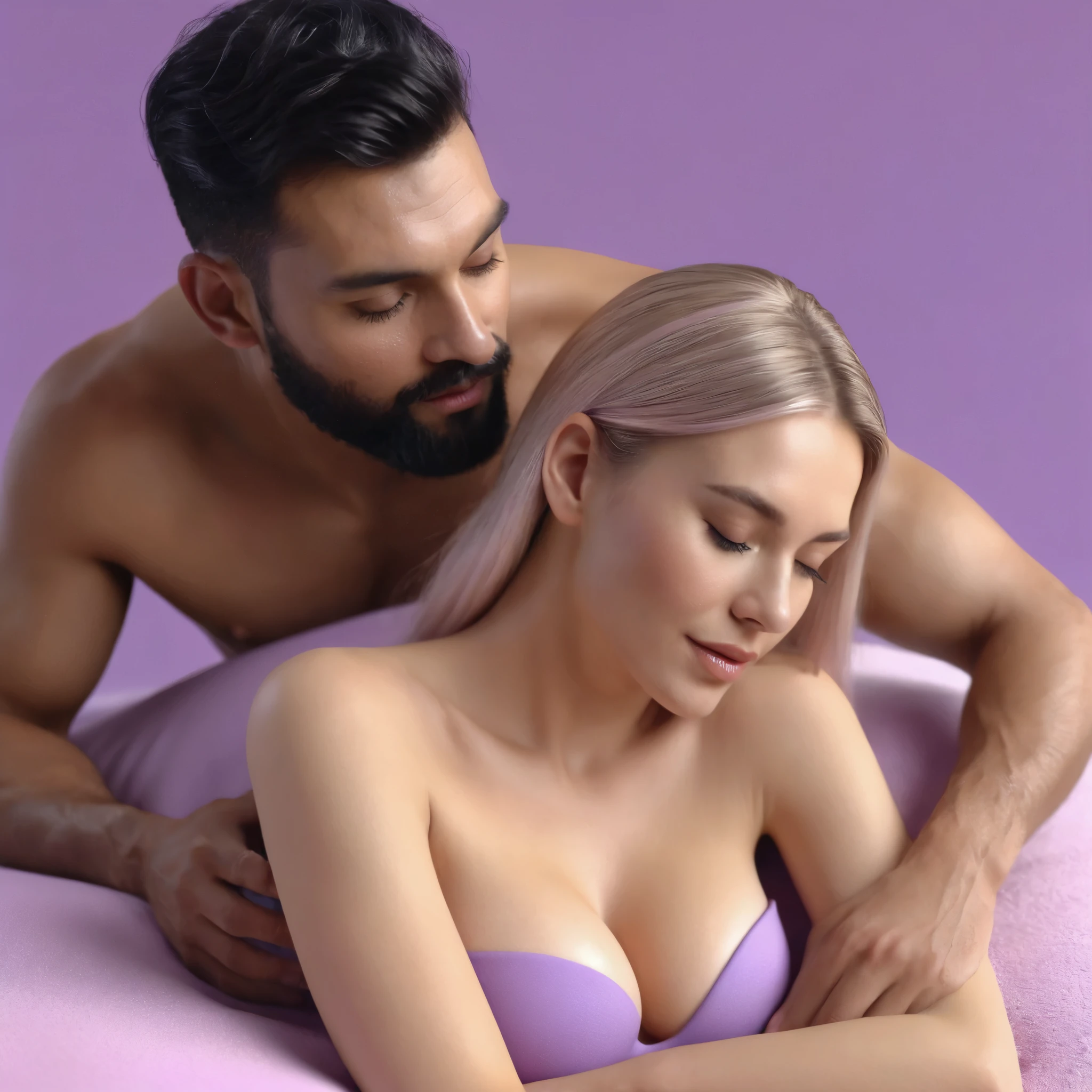 woman wearing bra doing erotic massage to a man on a bed using, she is watching smartphone, while she doing massage she use smartphone, smartphone in her hand, sensually, orgasm, mans mouth flirtingly smiling, liquid drops, skin, closeup, minimalistic, in a light purple and pink style, with soft edges and blurred details, with a 3D render, on a colorful background, with a minimalist stage design, in a surreal style, with a cinema4D rendering, with a minimalist style, with low saturation, using gradient colors, with a cinema4D rendering, with a blender rendering, with super detail, at a super high resolution, at a super high definition, 4K