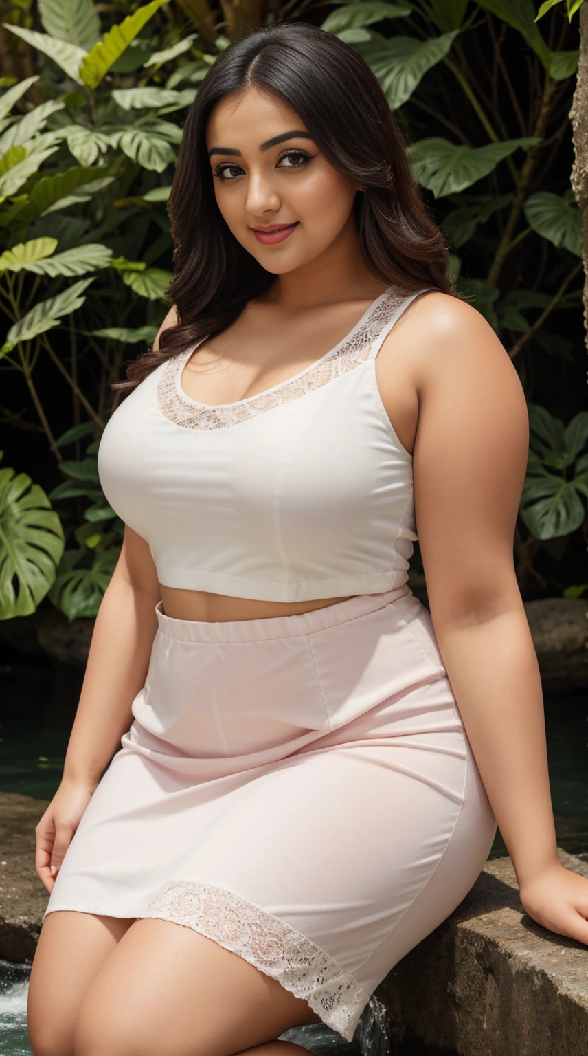 monali thakur Indian beautiful actress curvy plus size hour glass bulky figure woman, closeup camera view, wearing SHEIN SHEIN LUNE Plus Swiss Dot Guipure Lace Panel Tank Top SKU: sf2302092293399779 GBP£7.99 GBP£8.99 -11% Including VAT shein club logo Save GBP£0.40 off this item after joining. Color: White, different style hairstyle, bright eyes, thin eyebrows, fair skin, blushing cheeks, prefect head to toe view, full body view, Tropical Waterfall: A lush waterfall in a tropical paradise with lush greenery and cascading water. smile face, black hair, Indian face, perfect skin tone light, ultra realistic skin texture