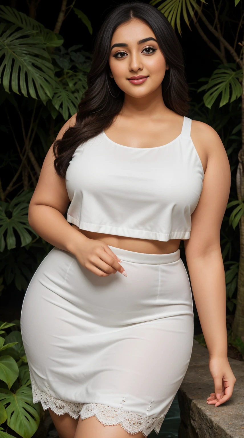 monali thakur Indian beautiful actress curvy plus size hour glass bulky figure woman, closeup camera view, wearing SHEIN SHEIN LUNE Plus Swiss Dot Guipure Lace Panel Tank Top SKU: sf2302092293399779 GBP£7.99 GBP£8.99 -11% Including VAT shein club logo Save GBP£0.40 off this item after joining. Color: White, different style hairstyle, bright eyes, thin eyebrows, fair skin, blushing cheeks, prefect head to toe view, full body view, Tropical Waterfall: A lush waterfall in a tropical paradise with lush greenery and cascading water. smile face, black hair, Indian face, perfect skin tone light, ultra realistic skin texture