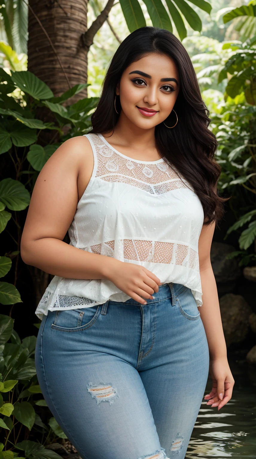 monali thakur Indian beautiful actress curvy plus size hour glass bulky figure woman, closeup camera view, wearing SHEIN SHEIN LUNE Plus Swiss Dot Guipure Lace Panel Tank Top SKU: sf2302092293399779 GBP£7.99 GBP£8.99 -11% Including VAT shein club logo Save GBP£0.40 off this item after joining. Color: White, different style hairstyle, bright eyes, thin eyebrows, fair skin, blushing cheeks, prefect head to toe view, full body view, Tropical Waterfall: A lush waterfall in a tropical paradise with lush greenery and cascading water. smile face, black hair, Indian face, perfect skin tone light, ultra realistic skin texture