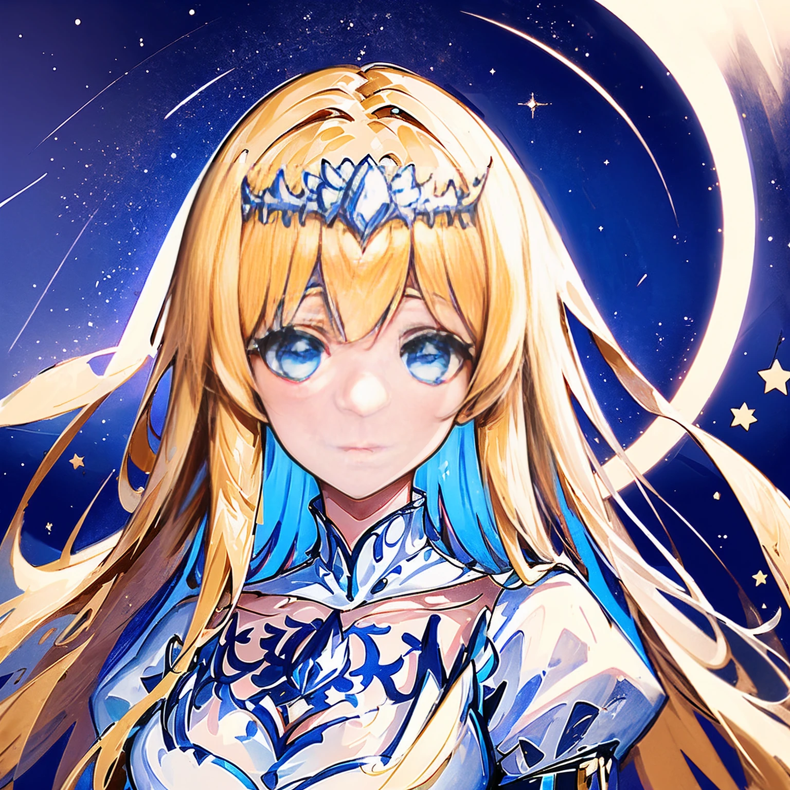 (masterpiece, best quality) intricate details, 8k, artstation, sharp focus, 1girl, star guardian, (cool color theme) 1girl, Calca Bessarez - Overlord, blonde hair, extremely long hair, white tiara, tiara on her head, white dress, blue eyes, medium breasts