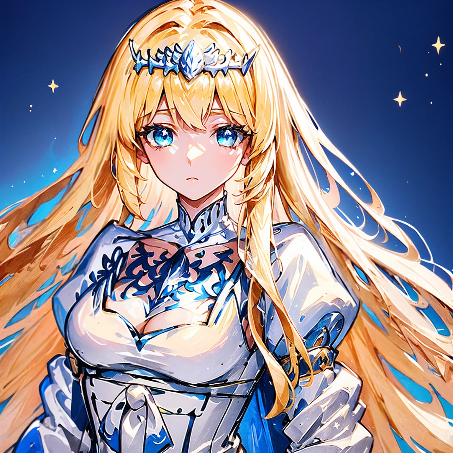 (masterpiece, best quality) intricate details, 8k, artstation, sharp focus, 1girl, star guardian, (cool color theme) 1girl, Calca Bessarez - Overlord, blonde hair, extremely long hair, white tiara, tiara on her head, white dress, blue eyes, medium breasts