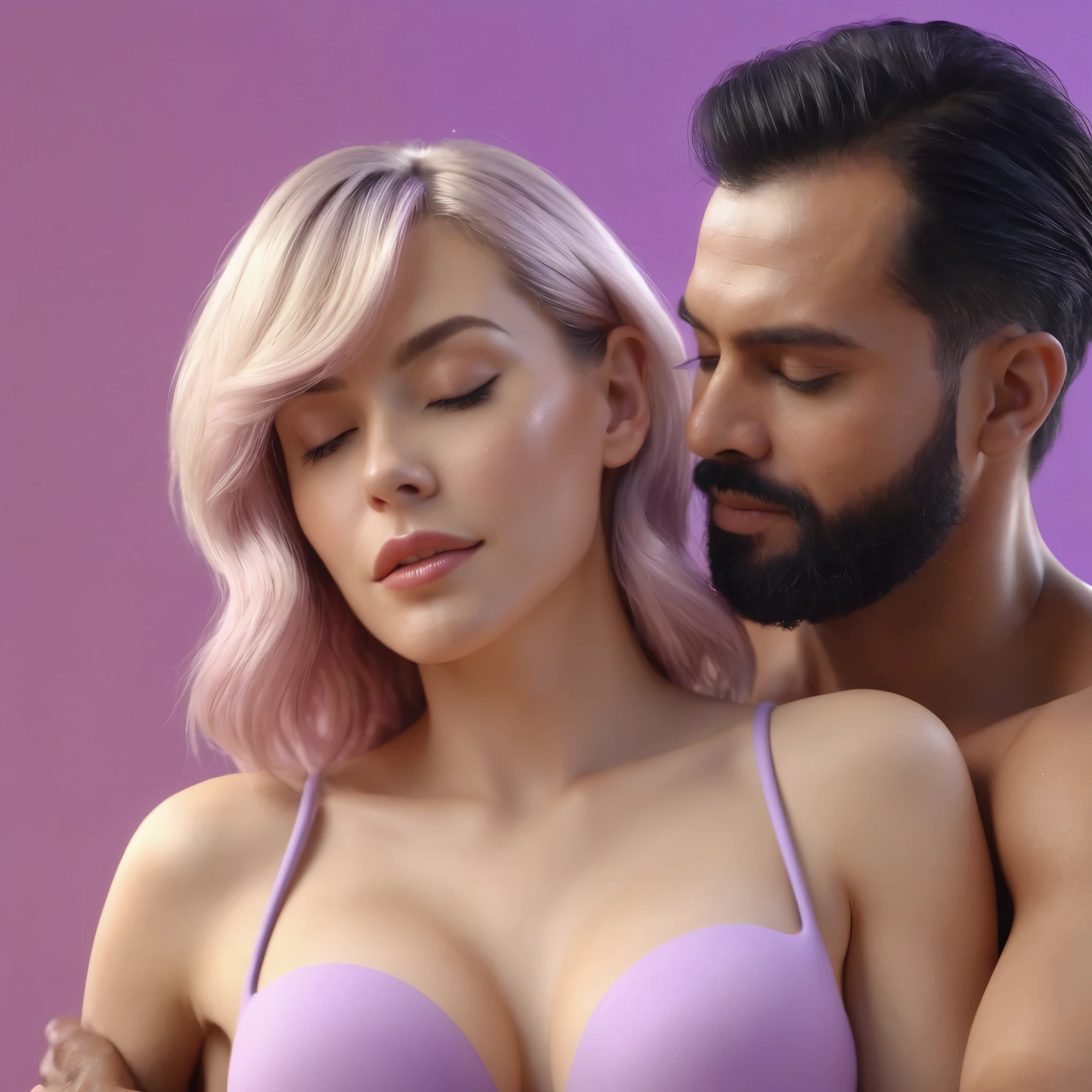 point of view from computer, we can see woman wearing bra doing erotic massage to man on a bed using computer, sensually, orgasm, mans mouth flirtingly smiling, liquid drops, skin, minimalistic, in a light purple and pink style, with soft edges and blurred details, with a 3D render, on a colorful background, with a minimalist stage design, in a surreal style, with a cinema4D rendering, with a minimalist style, with low saturation, using gradient colors, with a cinema4D rendering, with a blender rendering, with super detail, at a super high resolution, at a super high definition
