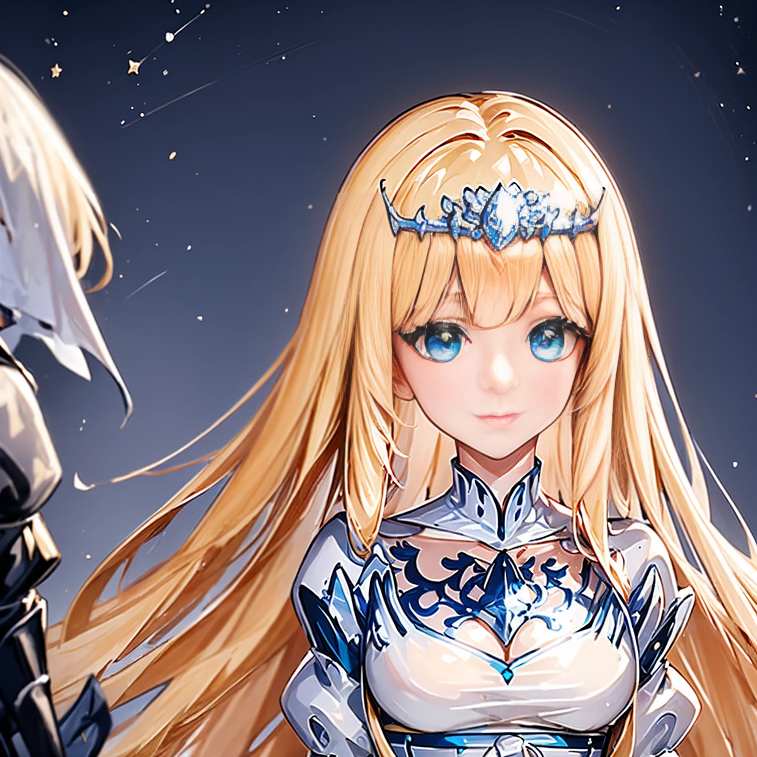 (masterpiece, best quality) intricate details, 8k, artstation, sharp focus, 1girl, star guardian, (cool color theme) 1girl, Calca Bessarez - Overlord, blonde hair, extremely long hair, white tiara, tiara on her head, white dress, blue eyes, medium breasts