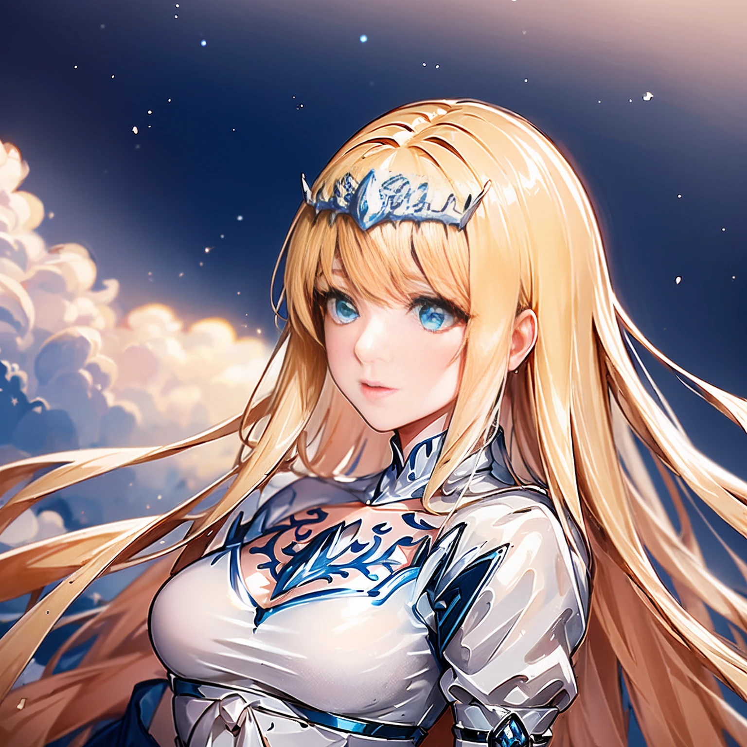 (masterpiece, best quality) intricate details, 8k, artstation, sharp focus, 1girl, star guardian, (cool color theme) 1girl, Calca Bessarez - Overlord, blonde hair, extremely long hair, white tiara, tiara on her head, white dress, blue eyes, medium breasts