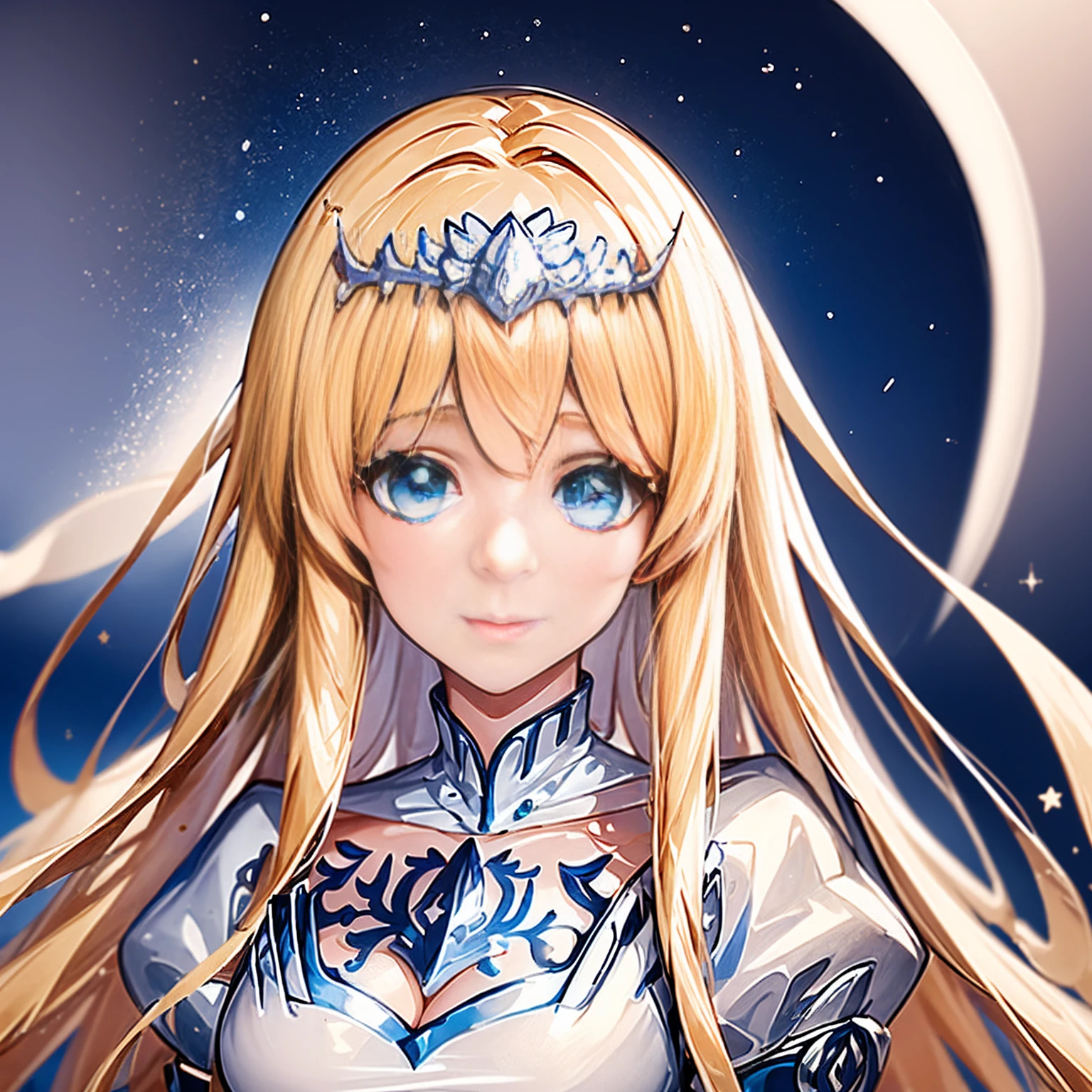(masterpiece, best quality) intricate details, 8k, artstation, sharp focus, 1girl, star guardian, (cool color theme) 1girl, Calca Bessarez - Overlord, blonde hair, extremely long hair, white tiara, tiara on her head, white dress, blue eyes, 