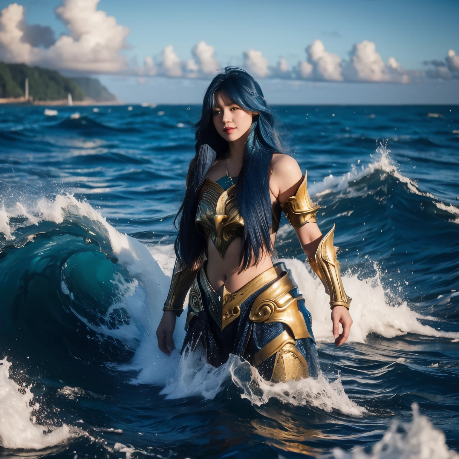 vonzy, vonnyfelicia, blue haired, young sea goddess, creating big tidal wave in the middle of ocean, big breast, heavy golden armor,