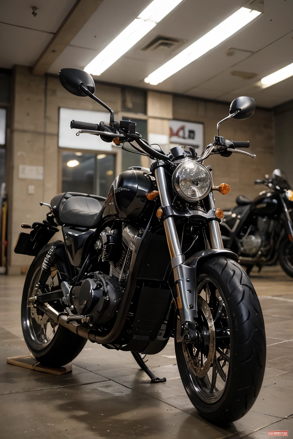 ((best quality)), ((masterpiece)), (detailed), Anti-race motorcycle,side,Obvious X symbol,black,Silver fuel tank,Silver accents,Silver lines,Gold front shock absorber