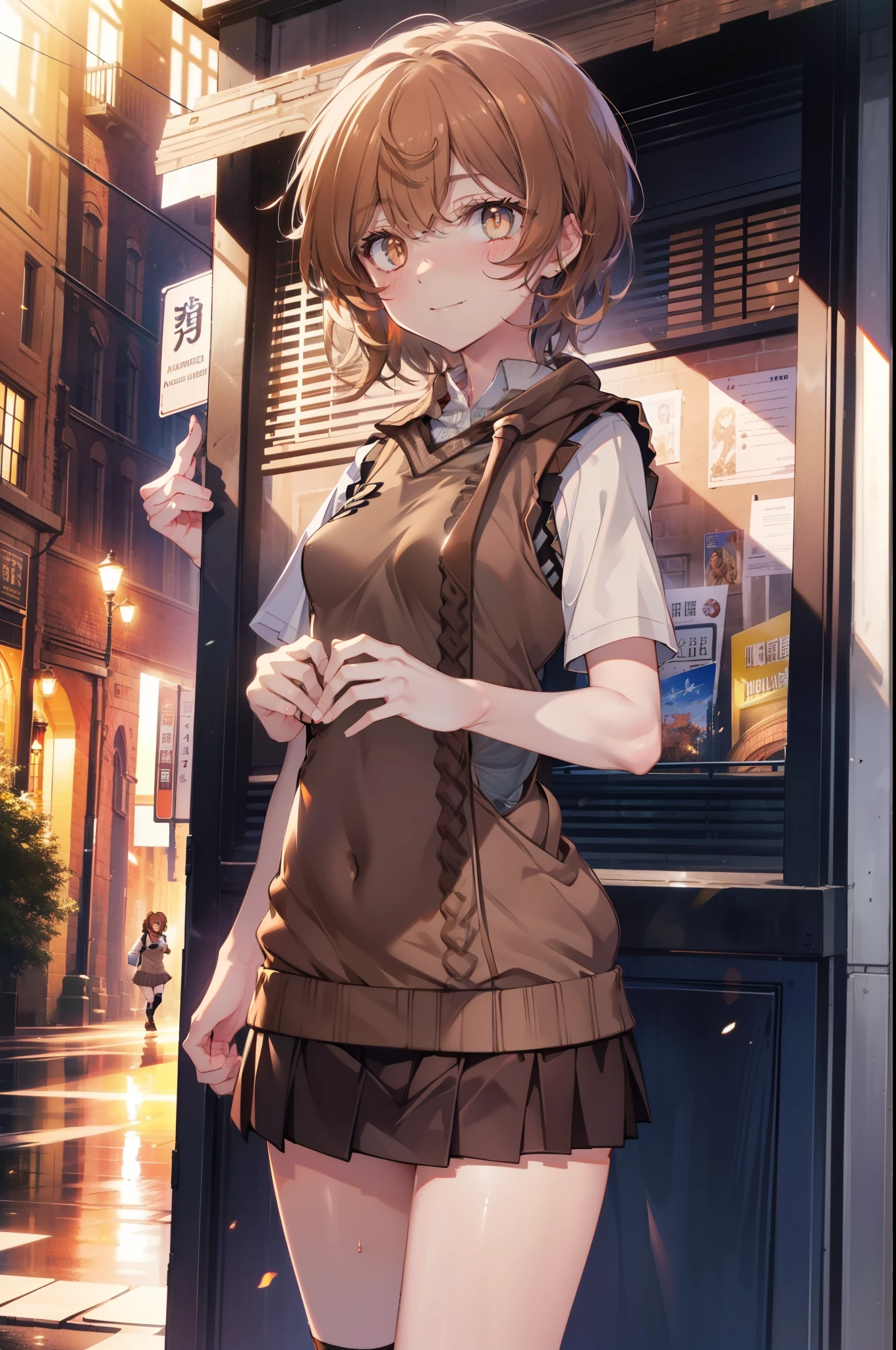 Liliru Card, Liliruca gets burned,  (Brown eyes:1.7),height: 140cm, Brown Hair, (Small breasts:1.2),blush,smile, short hair, uniform,  Y-shirt,Sweater vest, (brown Sweater vest:1.5),Short sleeve white shirt, Collared shirt, skirt,black  pleated skirt,Black knee socks,Brown Loafers,On the way home from school,evening,夕陽
break looking at viewer,
break outdoors, city,Building Street,
break (masterpiece:1.2), highest quality, High resolution, unity 8k wallpaper, (shape:0.8), (Fine and beautiful eyes:1.6), Highly detailed face, Perfect lighting, Highly detailed CG, (Perfect hands, Perfect Anatomy),