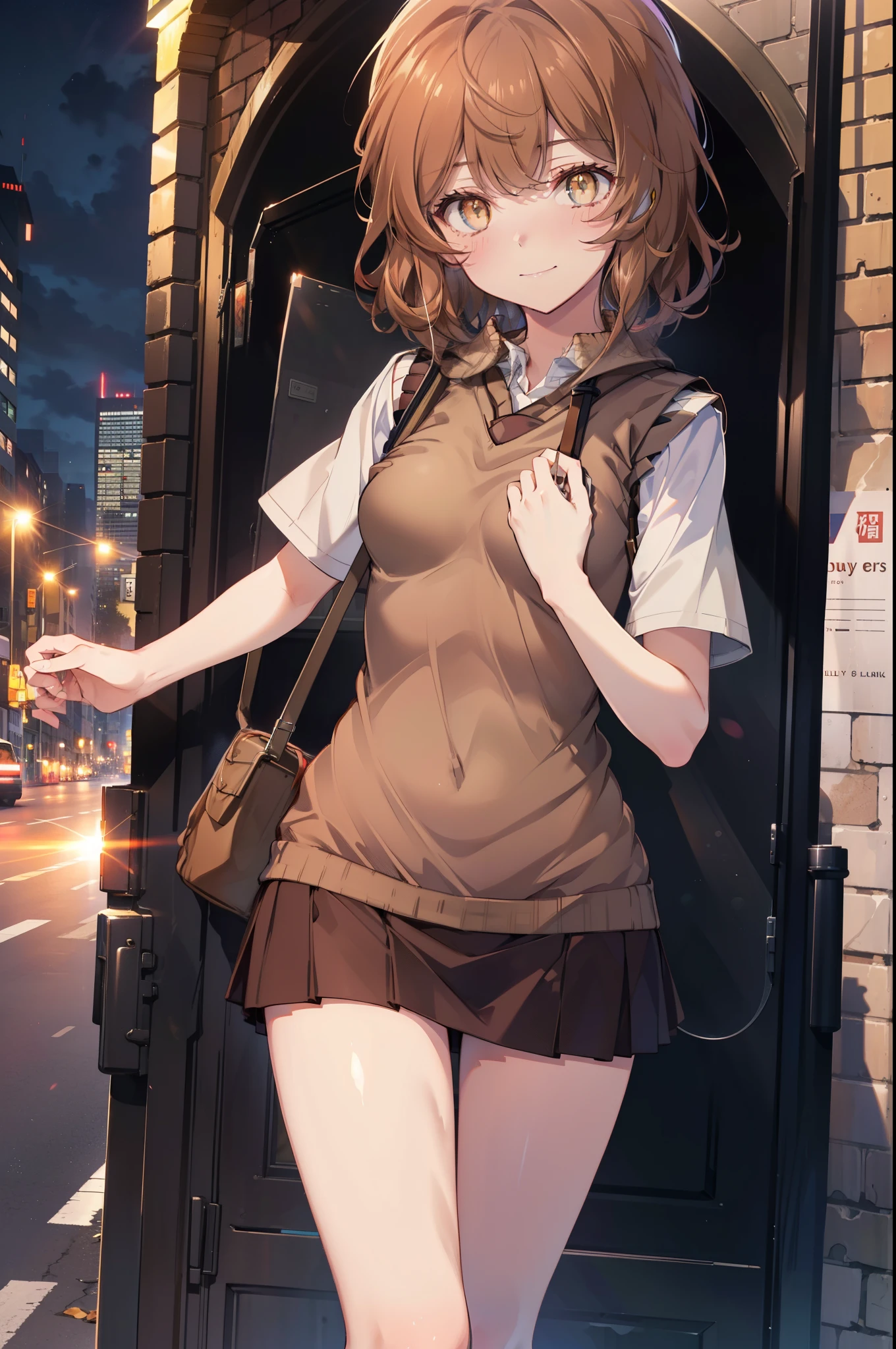 Liliru Card, Liliruca gets burned,  (Brown eyes:1.7),height: 140cm, Brown Hair, (Small breasts:1.2),blush,smile, short hair, uniform,  Y-shirt,Sweater vest, (brown Sweater vest:1.5),Short sleeve white shirt, Collared shirt, skirt,black  pleated skirt,Black knee socks,Brown Loafers,On the way home from school,evening,夕陽
break looking at viewer,
break outdoors, city,Building Street,
break (masterpiece:1.2), highest quality, High resolution, unity 8k wallpaper, (shape:0.8), (Fine and beautiful eyes:1.6), Highly detailed face, Perfect lighting, Highly detailed CG, (Perfect hands, Perfect Anatomy),