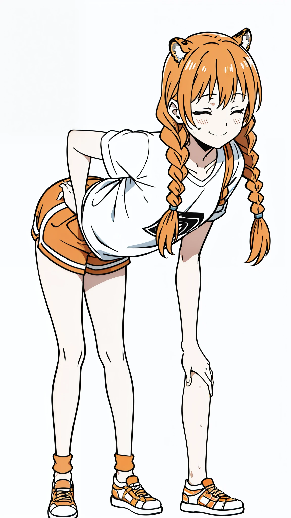 1girl,20 years old,mature female,tiger ears,long hair,(twin braids),orange hair,casual outfit,(white background,line drawing),leaning forward,sweat,smile,closed eyes,drunk