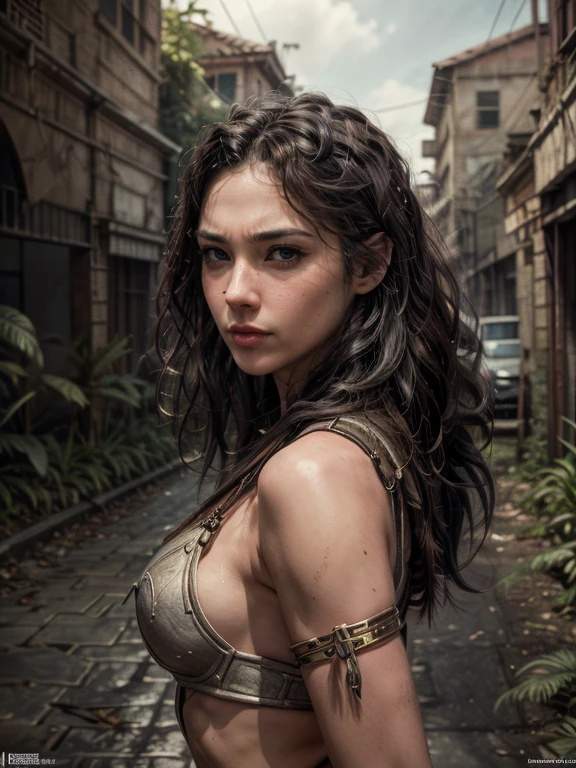 a portrait picture of fit and burly gorgeous wavy black hair Xena the Amazon Warrior Stands, detailed face, perfect face, ornated warrior costume, at the Gate of an ancient and weathered Metropolis City with overgrown plants in the streets, Insanely detailed Scene, realistic, masterpiece Don Lawrence Style, ultra sharp and focus, ultra high resolution, 8k, hyoer maximalist Octane render