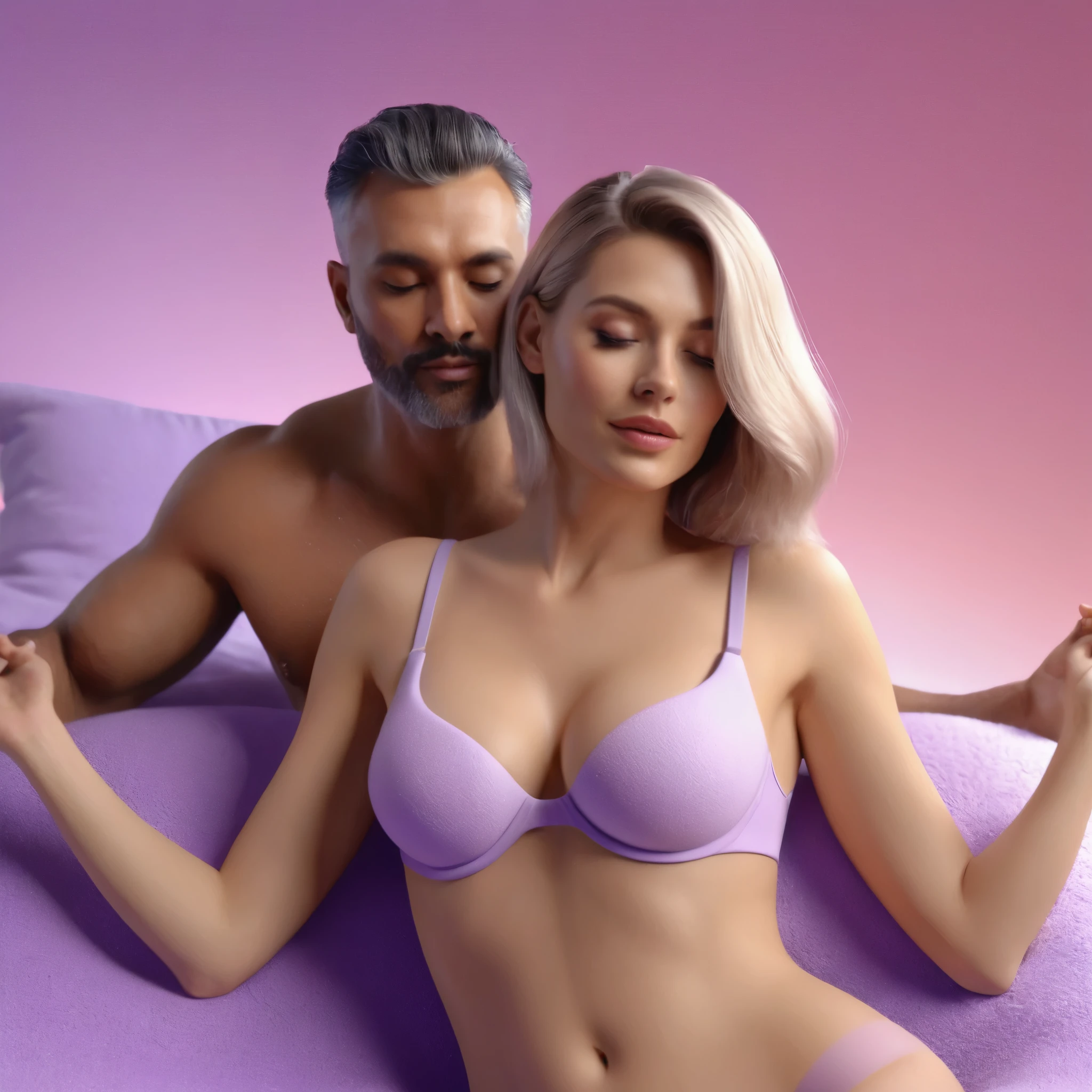 blond hair naked woman wearing bra doing erotic massage for a brownhair man on the bed, she stays behind man, she holds foam in her hands, sensually, orgasm, closeview, closeup, minimalistic, in a light purple and pink style, with a 3D render, on a colorful background, with a minimalist stage design, with a cinema4D rendering, with a minimalist style, with low saturation, using gradient colors, with a cinema4D rendering, with a blender rendering, with super detail, at a super high resolution, at a super high definition, super high quality