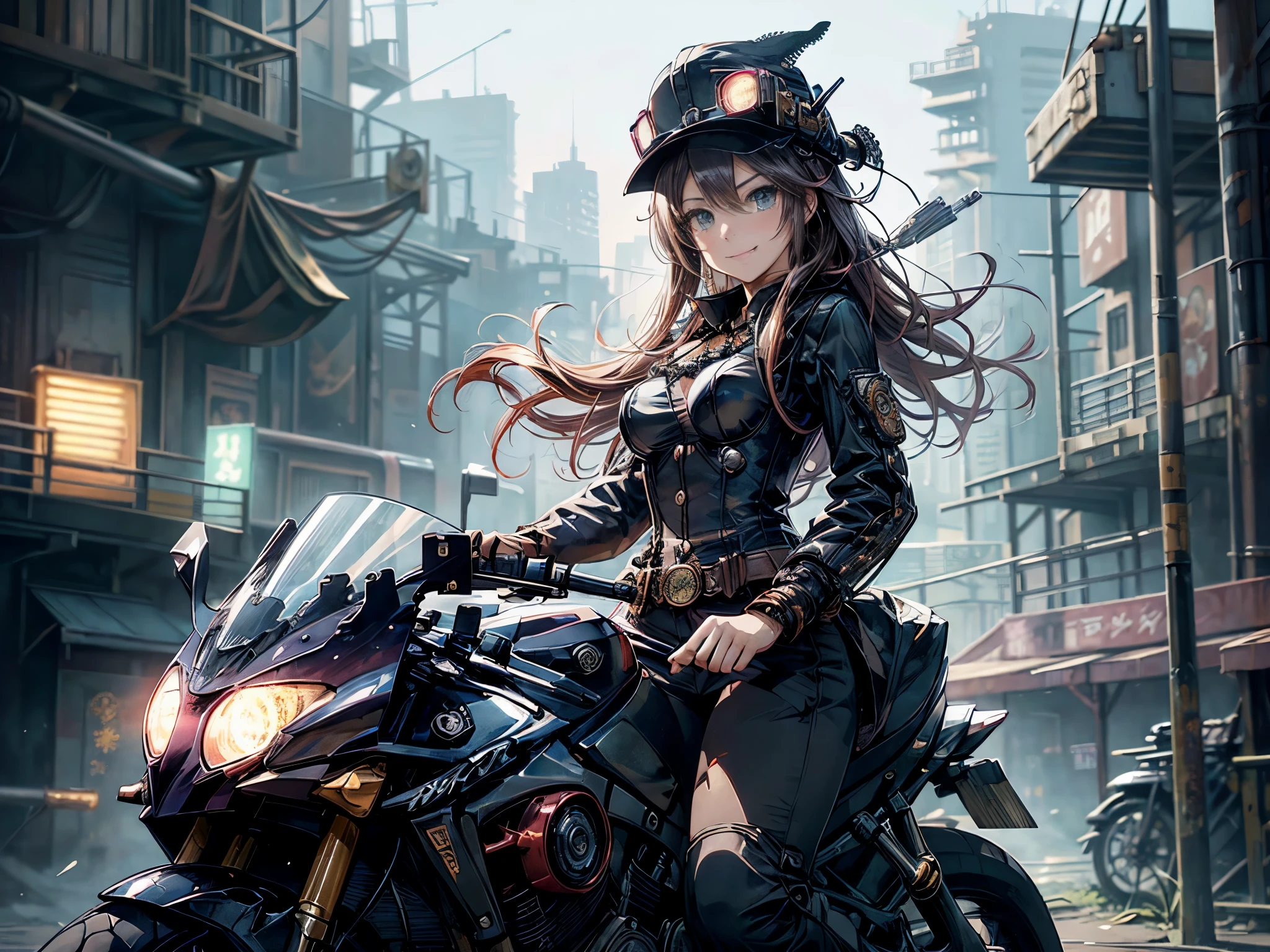 (Manga style),(Line art_anime),(Cowboy Shot, highest quality, ),(Photo by Laura Budd:1.2),(Laura Add details:1.0),8k, Flat Color:0.8,(1 girl,Smile 1.5)、View your viewers,(1. Riding a steampunk bike.8)、(Classic style bike 1.5)、(Highly decorative and complex mechanical steampunk fashion, Lace flare dolphin hat、Goggles 1.5、machinery background、Gear background、Intricately mechanized steampunk cityscape 1.5),