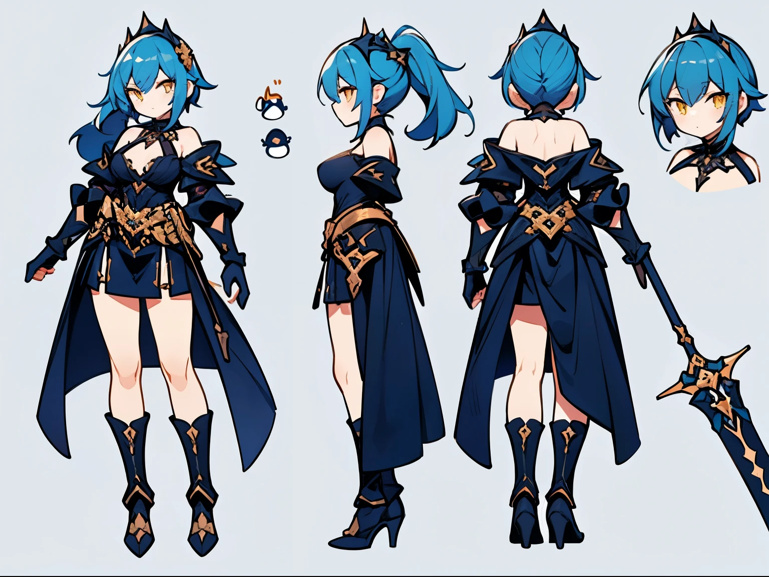 ((Masterpiece, highest quality)), detailed face, character sheet, Full body, 1girl, High quality,Best quality,Ultra-detailed,high resolution,female penguin theme,female warrior in penguin outfit with filigree shiny rustic golden off-shoulder armor and holding a ornate polearm, tall sexy lady, blue hair, long hair, High ponytail,yellow eyes,breasts,tiara,armor, weapon, polearm, armor, Open Chest, tight micro miniskirt,high heels, holding weapon, breasts,cleavage, full body, holding,full of details, multiple poses and expressions, highly detailed, many parts,((three sided view, front view, side view, back view, full body,simple background, gray background,multiple views,highres)), illustration, charturnbetalora, concept art, character concept art,LnF