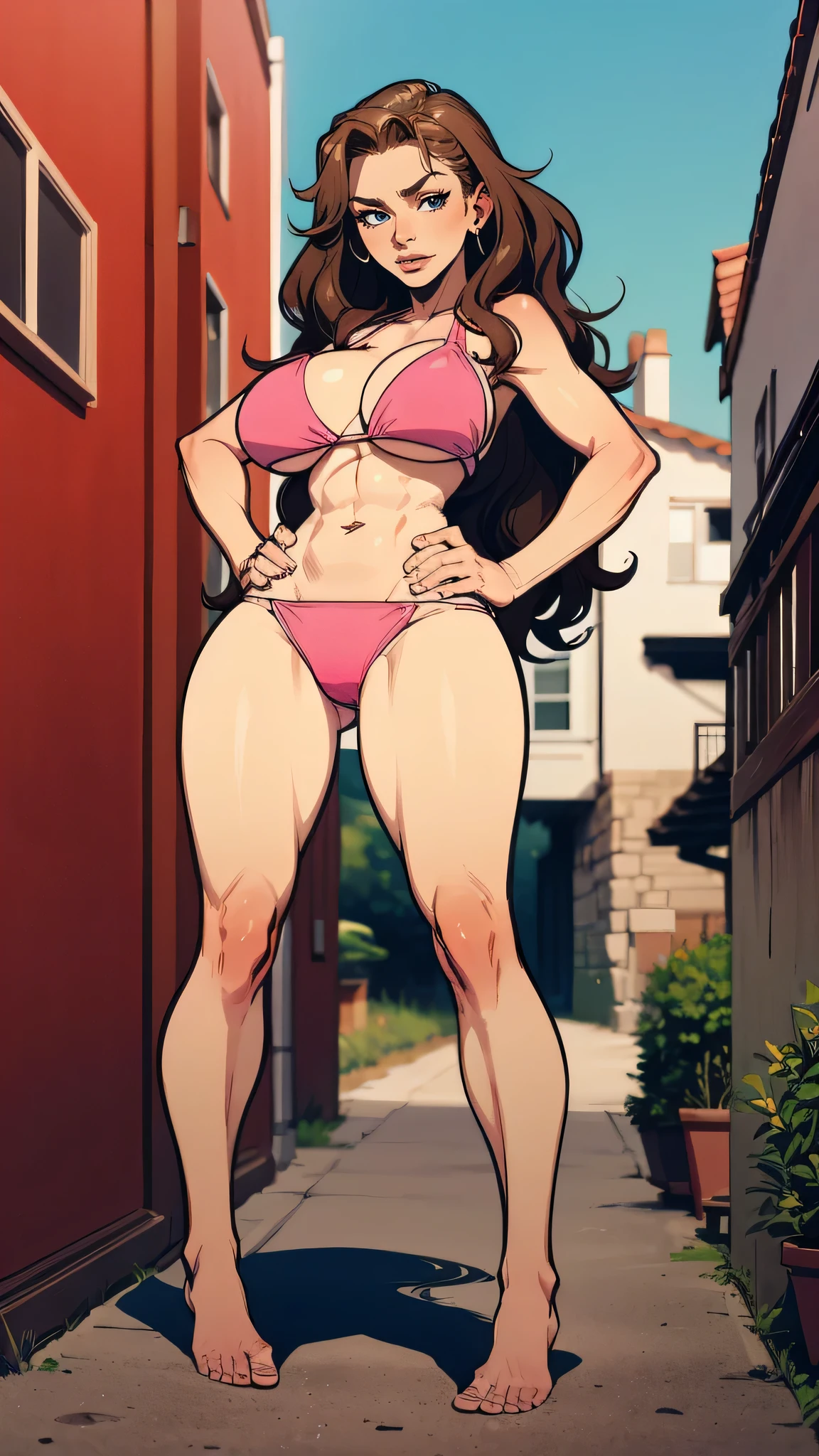 Masterpiece, best quality, Masterpiece, best quality, 1 woman, wavy brown hair, sly face , pink bikini , big breasts , Long legs , hands on hips , Barefoot , alley