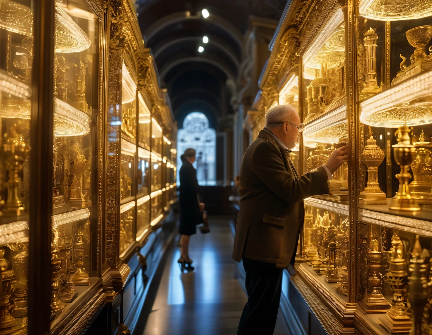 Curator of Historical Artifacts gently inspecting the trophy, admiring its intricate details, intrigued and fascinated, appreciating the craftsmanship and historical significance. Grand Museum Hallway, rows of glass showcases filled with artifacts, ornate architecture, dimly lit ambiance. Mystery, reverence, preservation. Close-up shot, focused lighting on the trophy, subtle dust particles in the air to emphasize the passage of time.