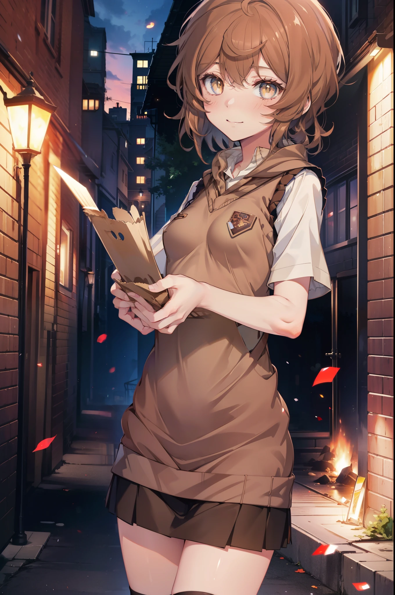 Liliru Card, Liliruca gets burned, (Brown eyes:1.7),height: 140cm, Brown Hair, (Small breasts:1.2),blush,smile, short hair, uniform, Y-shirt,Sweater vest, (brown Sweater vest:1.5),Short sleeve white shirt, Collared shirt, skirt,black pleated skirt,Black knee socks,Brown Loafers,On the way home from school,evening,夕陽
break looking at viewer,
break outdoors, city,Building Street,
break (masterpiece:1.2), highest quality, High resolution, unity 8k wallpaper, (shape:0.8), (Fine and beautiful eyes:1.6), Highly detailed face, Perfect lighting, Highly detailed CG, (Perfect hands, Perfect Anatomy),