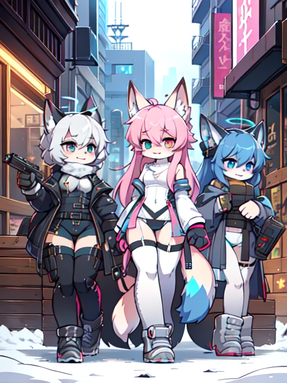 Kawaii, Pink striped Fluffy Fox, , emaciated, Pink long hair, left eye is red, right eye is blue, heterochromia, 3girls, in the night deserted city with snowing with ruin, artificial synthetic skin, life support prosthetics, biological prosthetic legs, digital headphones, biological prosthetic arms, Military-under shirt, black tight latex leotard, white over-sleeve mechanical long dress, thigh-high-socks, grey fading opaque stockings, shorts, Grey long-Sleeve loose off-the-shoulder Military hood jacket, tactical gun holsters in thigh, Mechanical boots, metallic knee pads, tactical belted loose Arm Sleeves, watch, cybernetic Display gloves, chest rigs, tactical belts, blue-archive halo, bulletproof goggles, from Ark nights,