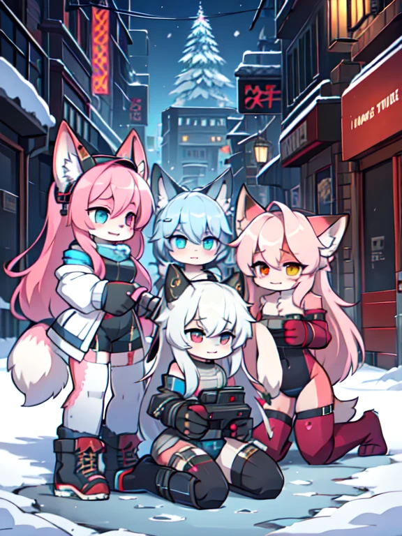 Kawaii, Pink striped Fluffy Fox, , emaciated, Pink long hair, left eye is red, right eye is blue, heterochromia, 3girls, in the night deserted city with snowing with ruin, artificial synthetic skin, life support prosthetics, biological prosthetic legs, digital headphones, biological prosthetic arms, Military-under shirt, black tight latex leotard, white over-sleeve mechanical long dress, thigh-high-socks, grey fading opaque stockings, shorts, Grey long-Sleeve loose off-the-shoulder Military hood jacket, tactical gun holsters in thigh, Mechanical boots, metallic knee pads, tactical belted loose Arm Sleeves, watch, cybernetic Display gloves, chest rigs, tactical belts, blue-archive halo, bulletproof goggles, from Ark nights,