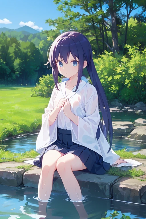 (Facing the camera directly), (immerse yourself in water to chest depth), Realistic beautiful girl full body portrait, 13 years old, Great face, In a sitting position, Water Play,mini skirt,The skirt has been soaked in water and has become discolored., Clothes are soaked in water,Midsummer sky and Japan countryside, Cinematic, Real life people,