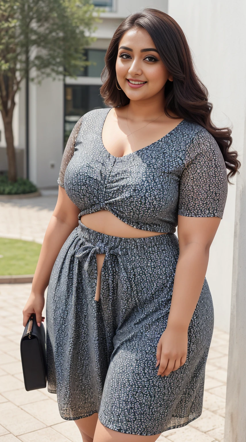 monali thakur Indian beautiful actress curvy plus size hour glass bulky figure woman, closeup camera view, wearing SHEINSHEIN VCAY Plus Size Women Fashionable Geometric Patterned Crop Top And Shorts Set, different style hairstyle, bright eyes, thin eyebrows, fair skin, blushing cheeks, prefect head to toe view, full body view, SHEIN Clasi Floral Printed Plus Size Long Dress With Cinched Waist For Women. smile face, black hair, Indian face, perfect skin tone light, ultra realistic skin texture