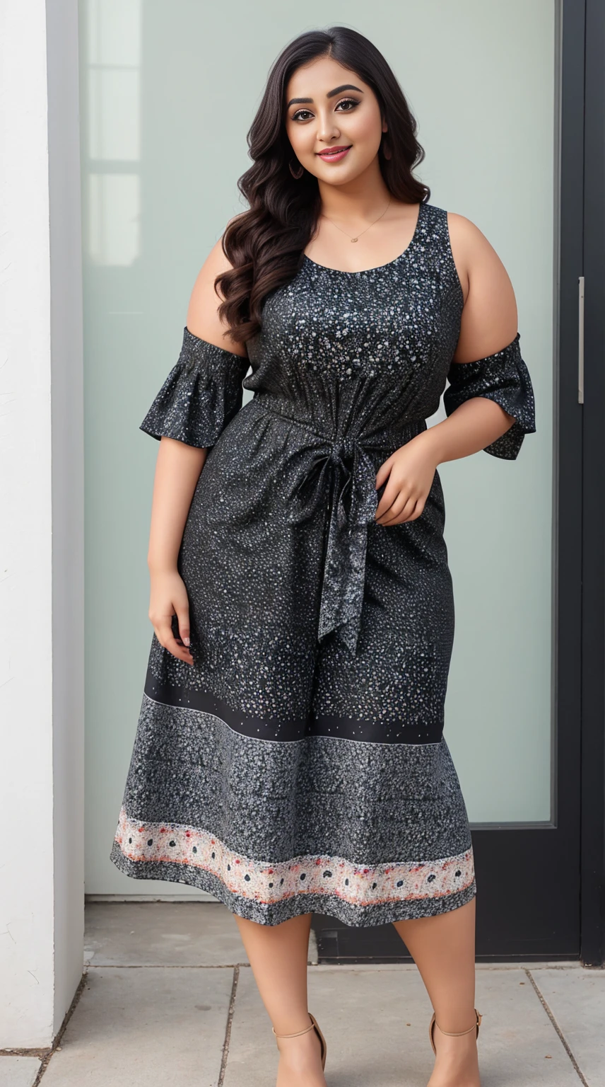 monali thakur Indian beautiful actress curvy plus size hour glass bulky figure woman, closeup camera view, wearing SHEINSHEIN VCAY Plus Size Women Fashionable Geometric Patterned Crop Top And Shorts Set, different style hairstyle, bright eyes, thin eyebrows, fair skin, blushing cheeks, prefect head to toe view, full body view, SHEIN Clasi Floral Printed Plus Size Long Dress With Cinched Waist For Women. smile face, black hair, Indian face, perfect skin tone light, ultra realistic skin texture
