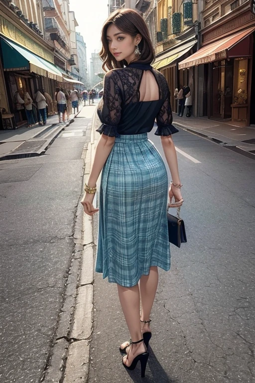 highest quality, Very detailed, masterpiece, 1 person,woman,(((成人womanの完璧な体))),Very beautiful face, Very beautiful body,Very beautiful eyes,(Perfect Makeup:1.1), (((Very beautiful hair))),One-length haircuts,Shaggy Hair,Ash Brown Hair:1.3, Slender Body Style,Smart Abs, Black lace blouse,Blue and green argyle check long skirt,anklet,Elegant high heels,A kind smile,Full body portrait,(Urban background:1.3), (Shiny skin),(Earrings), looking back,