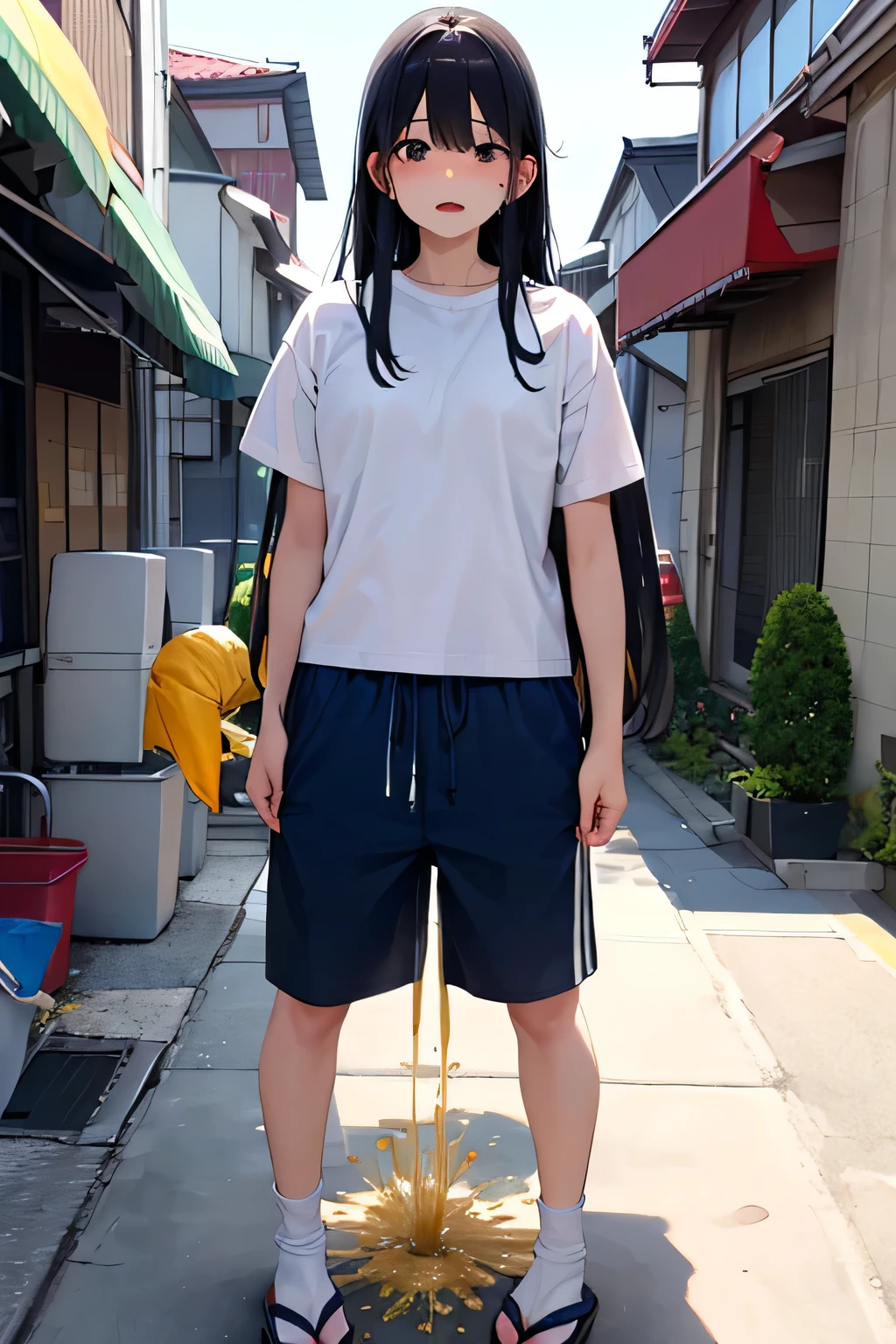 Shimamoto Sakiyu、Tall、Height: 160cm、Upper grades of Japanese elementary school、Long Hair Black、White T-shirt and slightly long blue shorts、Active、Pee、Peeing、embarrass、outside、Wild outsideUrinating、incontinence、Urinating、Big incontinence、Big Urinating、Urine leakage