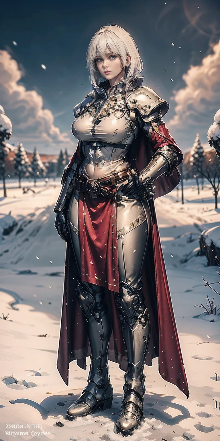 full body standing straight symmetrical, FEMALE warrior princess, big belt around waist, hair, very white skin like snow, wearing full heavy armor red cape, brown leather boots, adventurer outfit, veteran warrior MILF bimbo
